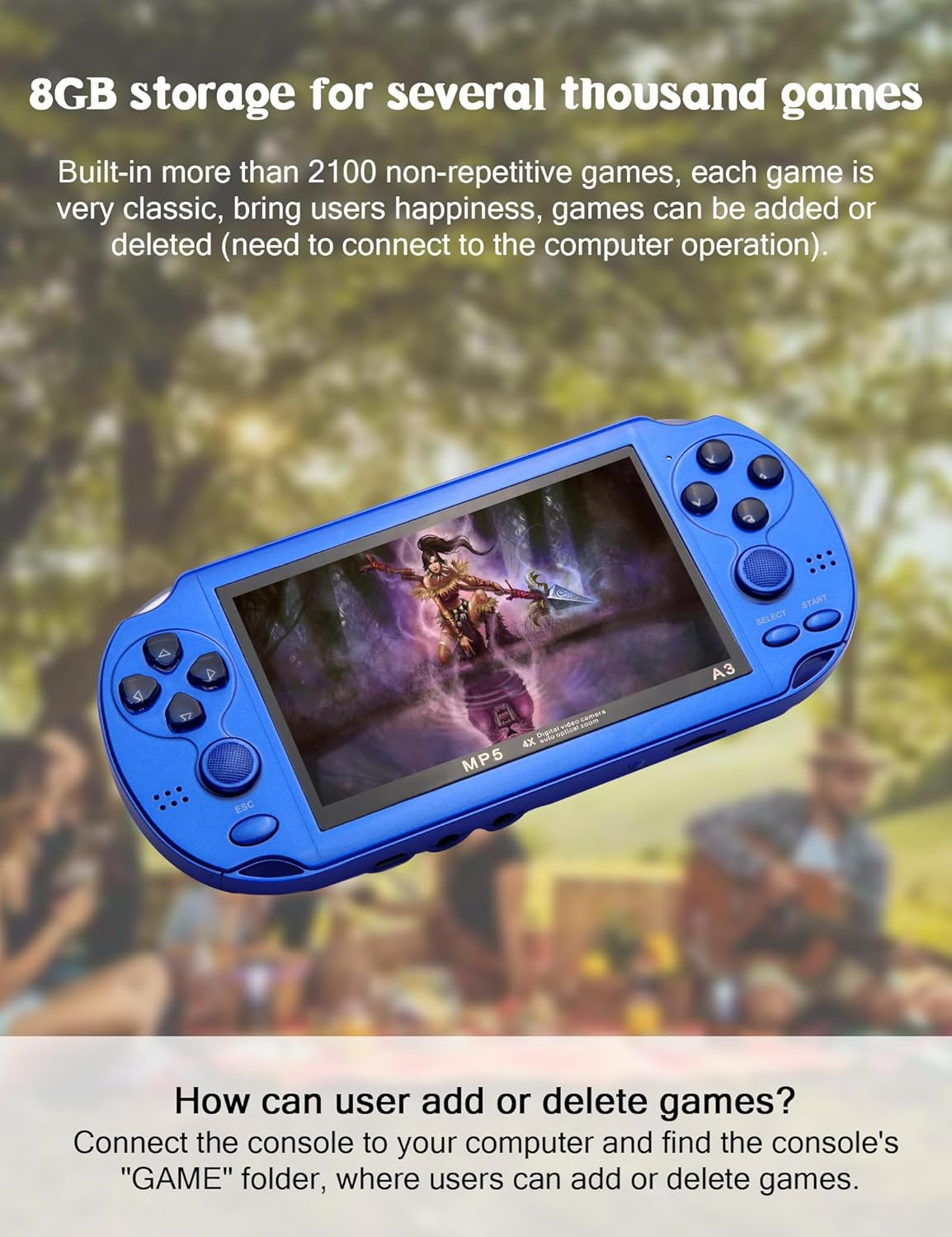 Blaue Handheld-Spielekonsole mit Bildschirm und Tasten, im Hintergrund verschwommene Personen.