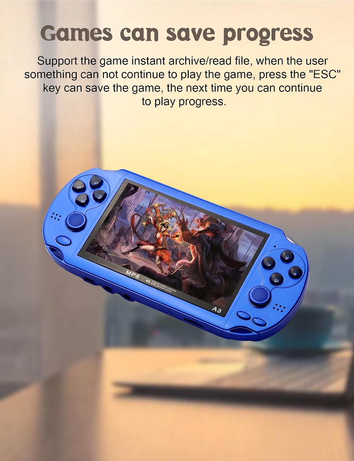 Blaue tragbare Handheld-Spielkonsole mit farbigem Bildschirm und Text darüber auf unscharfem Hintergrund.