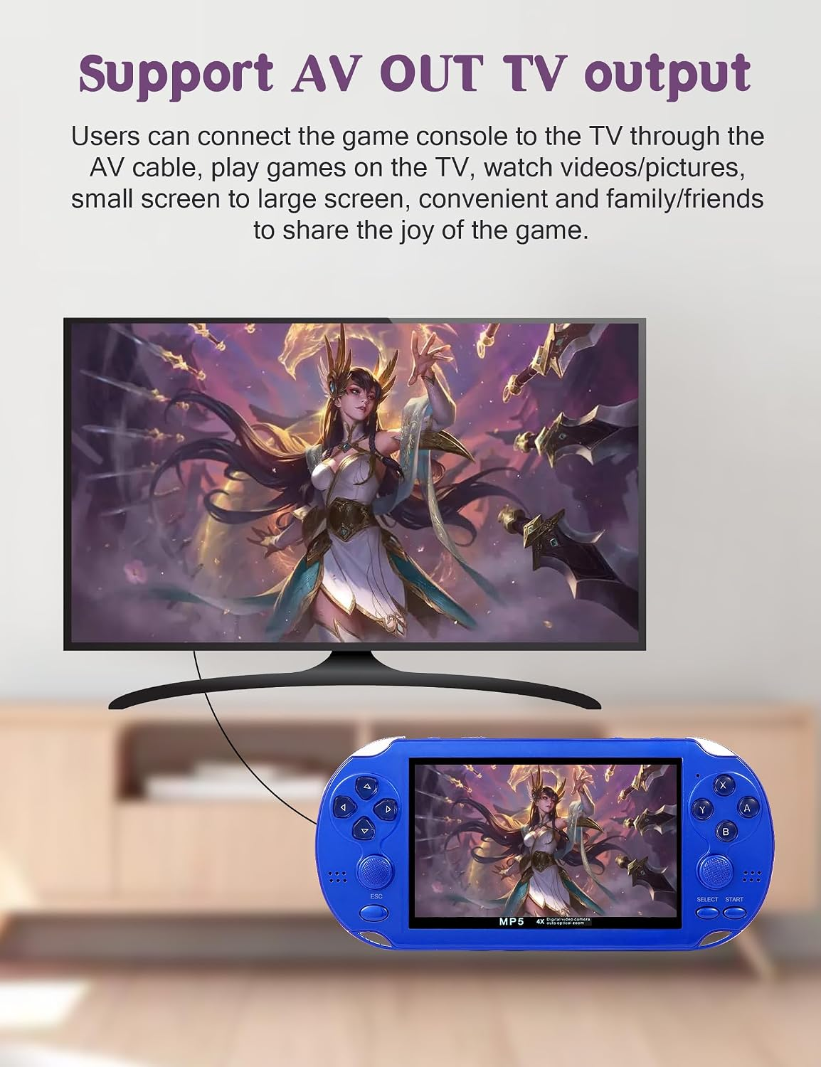 Blaue Handheld-Spielkonsole verbunden mit einem Fernseher für AV-Ausgang.