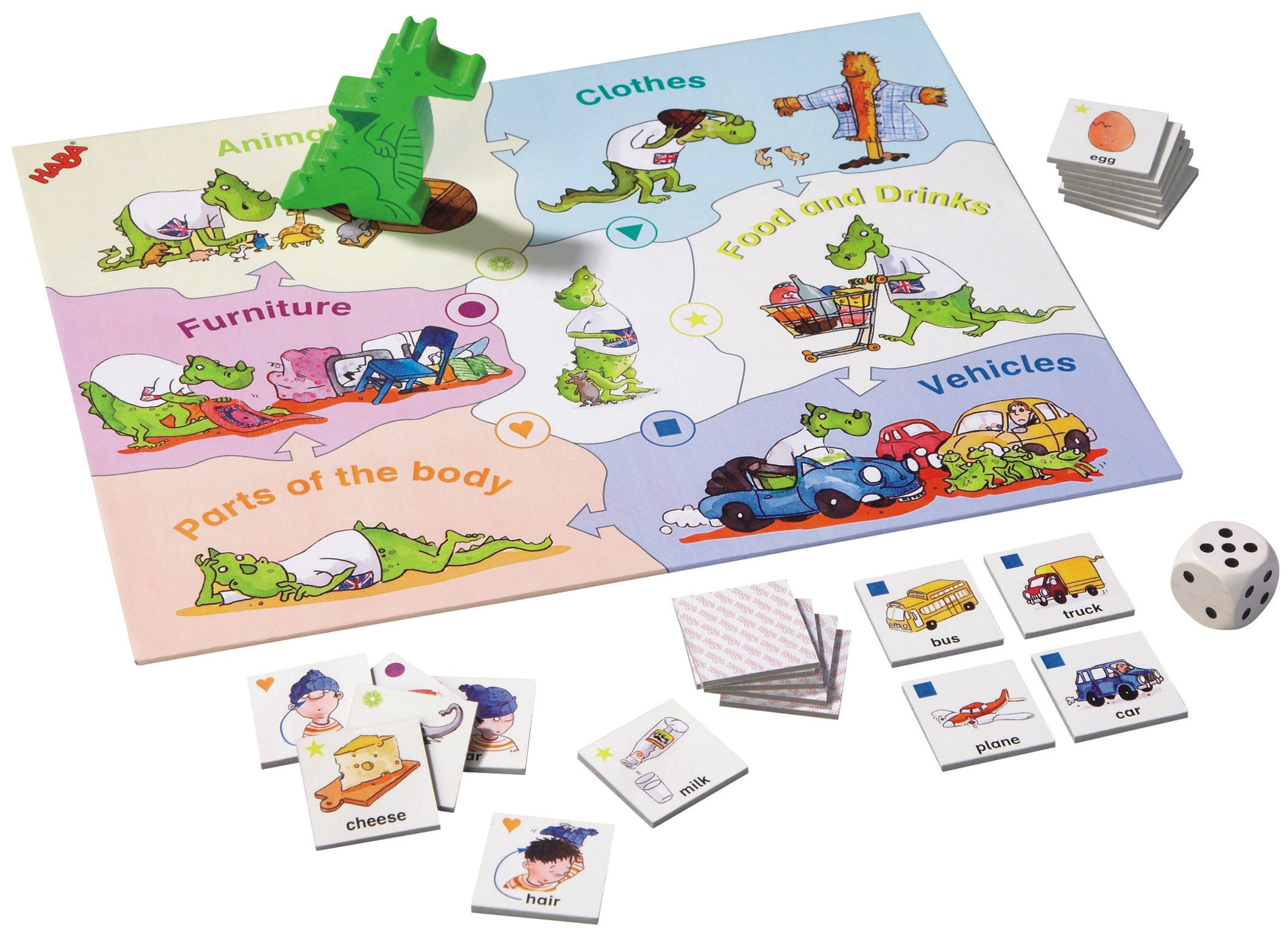 Ein farbenfrohes Brettspiel mit Kategorien wie Tieren, Kleidung und Fahrzeugen, kleinen Kärtchen und einem Würfel.