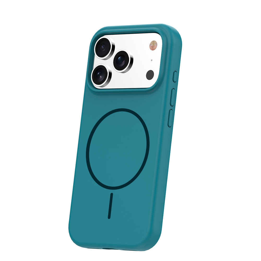 Türkisfarbene Smartphone-Hülle mit magnetischem Ladering und Ausschnitt für die Dreifachkamera auf weißem Hintergrund.