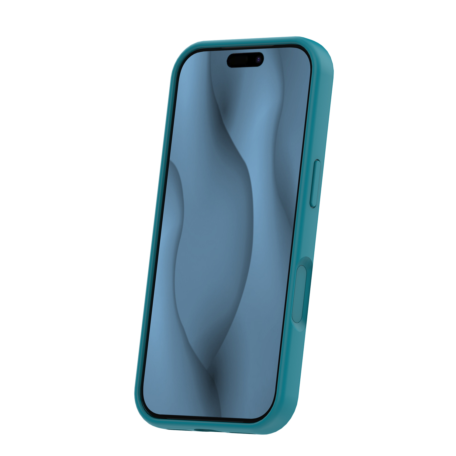Ein Smartphone mit blauer Schutzhülle zeigt einen blauen Hintergrund mit Wellenmuster auf dem Bildschirm.