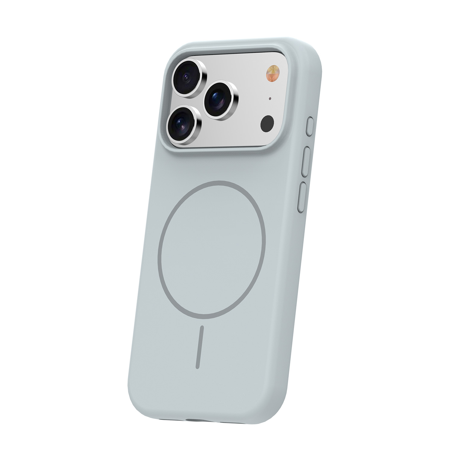 Ein hellgraues Smartphone in einer Schutzhülle mit sichtbarem MagSafe-Ring auf der Rückseite und drei Kameras.