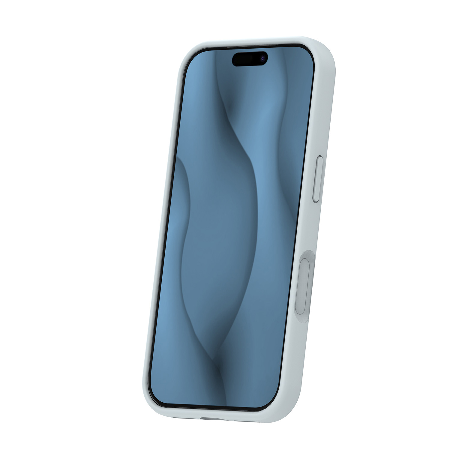 Ein weißes Smartphone mit blauem Hintergrund auf dem Bildschirm steht auf weißem Grund.