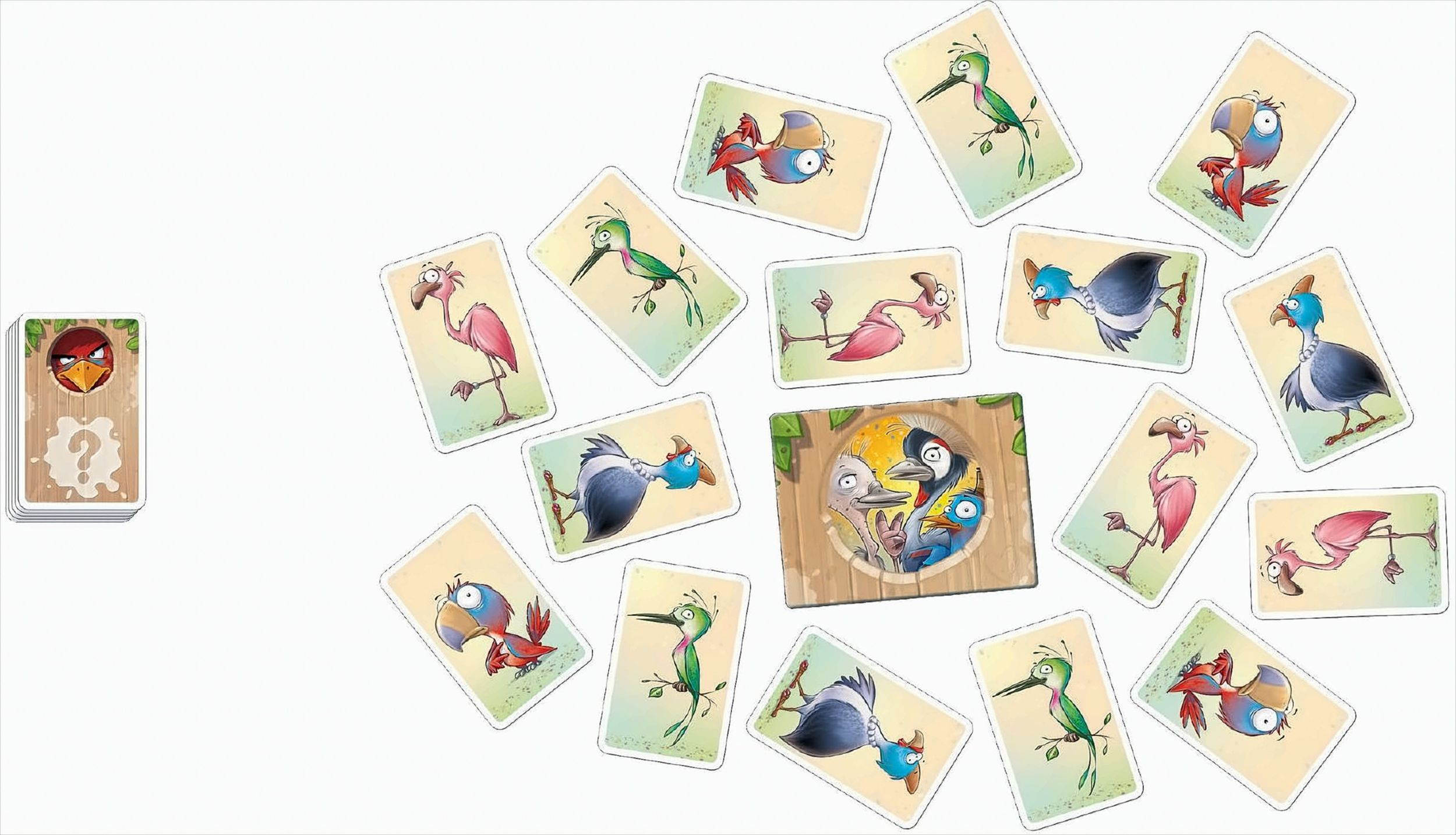 Buntes Kartenspiel mit humorvollen Vögeln, die auf einer weißen Oberfläche verstreut sind.