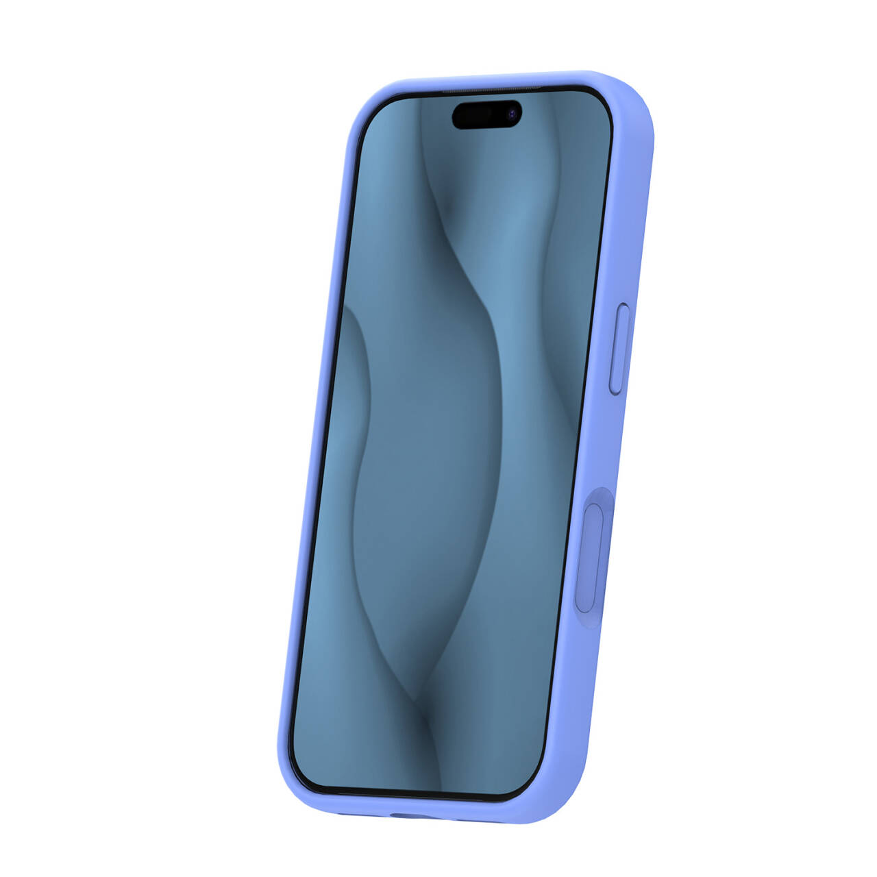 Ein Smartphone mit blauer Schutzhülle und blauem Wellenhintergrund steht auf weißem Grund.