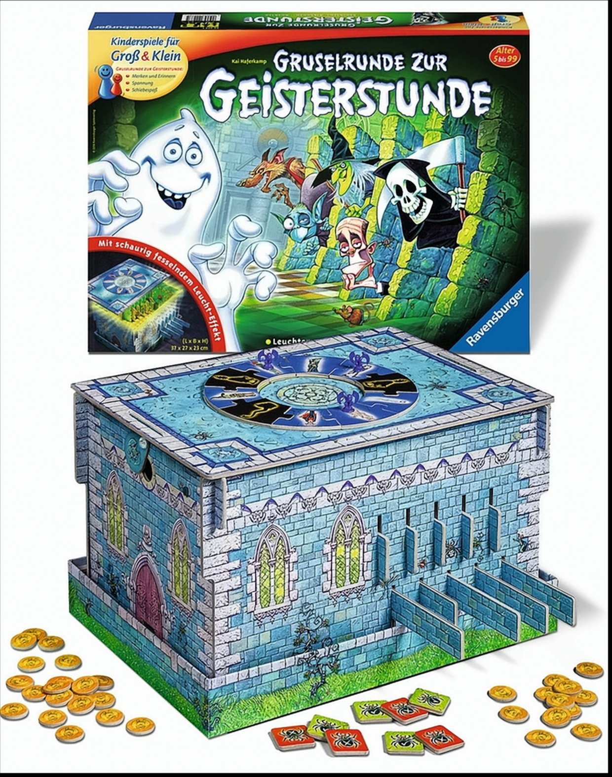 Brettspielschachtel mit Spukschloss-Thema, gruseliger Schachtelbasis und verstreuten Münzen und Plättchen.