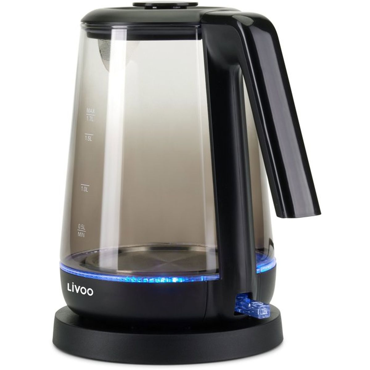 Elektrischer Glas-Wasserkocher in Schwarz mit blauer LED-Beleuchtung und Livoo-Logo auf der runden Basis.