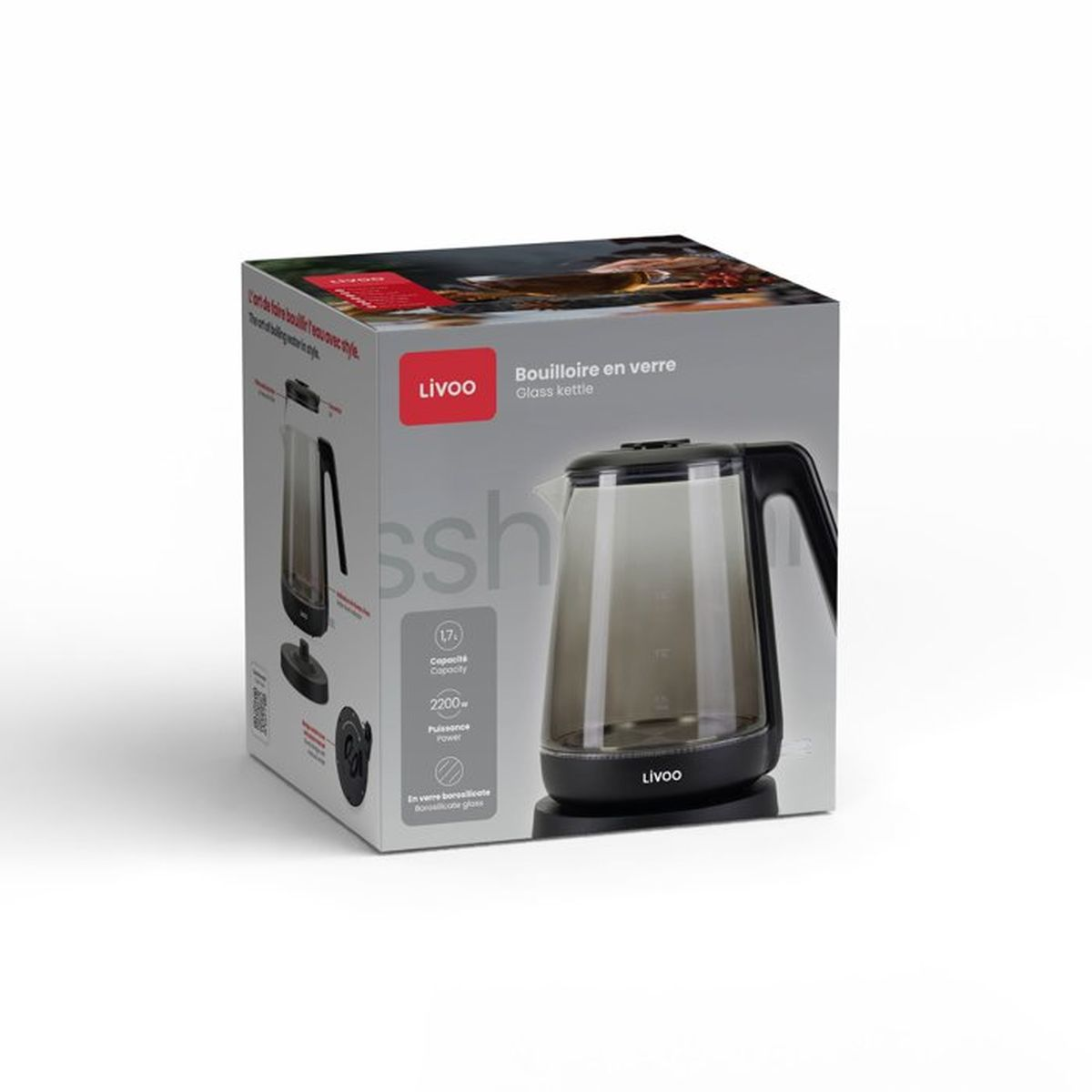 Produktverpackung eines Livoo Glas-Wasserkochers auf weißem Hintergrund.