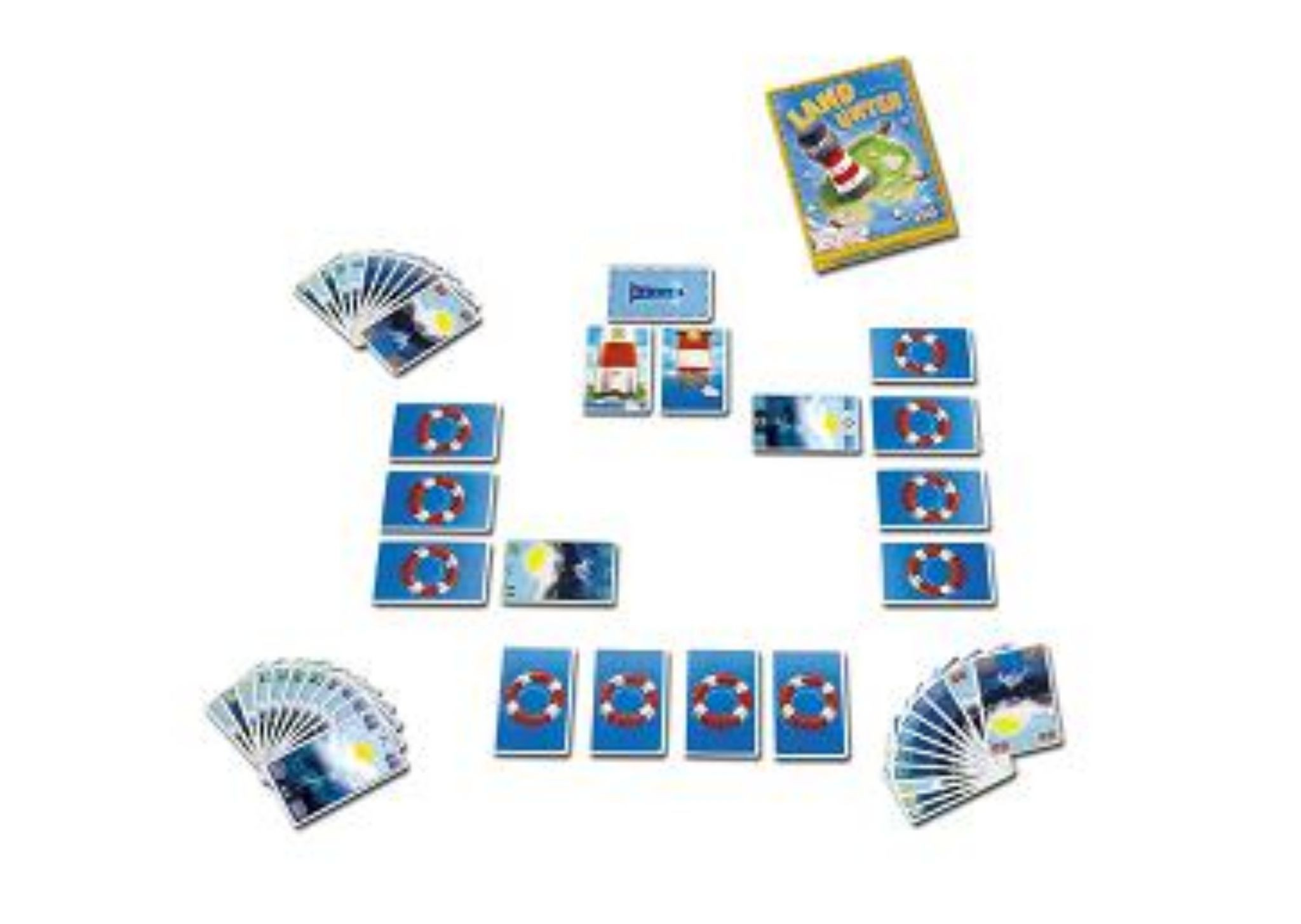 Land Unter Kartenspiel mit ausgelegten Karten und Spielschachtel auf weißem Hintergrund.