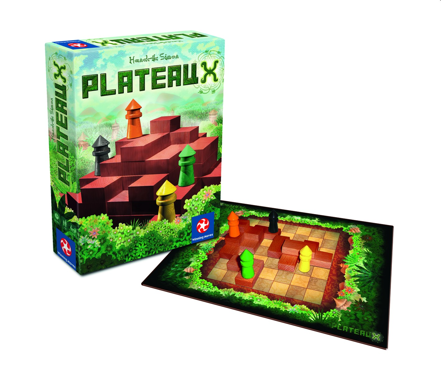 Das Brettspiel PlateauX mit seiner Schachtel und Spielsteinen auf einem Spielfeld.