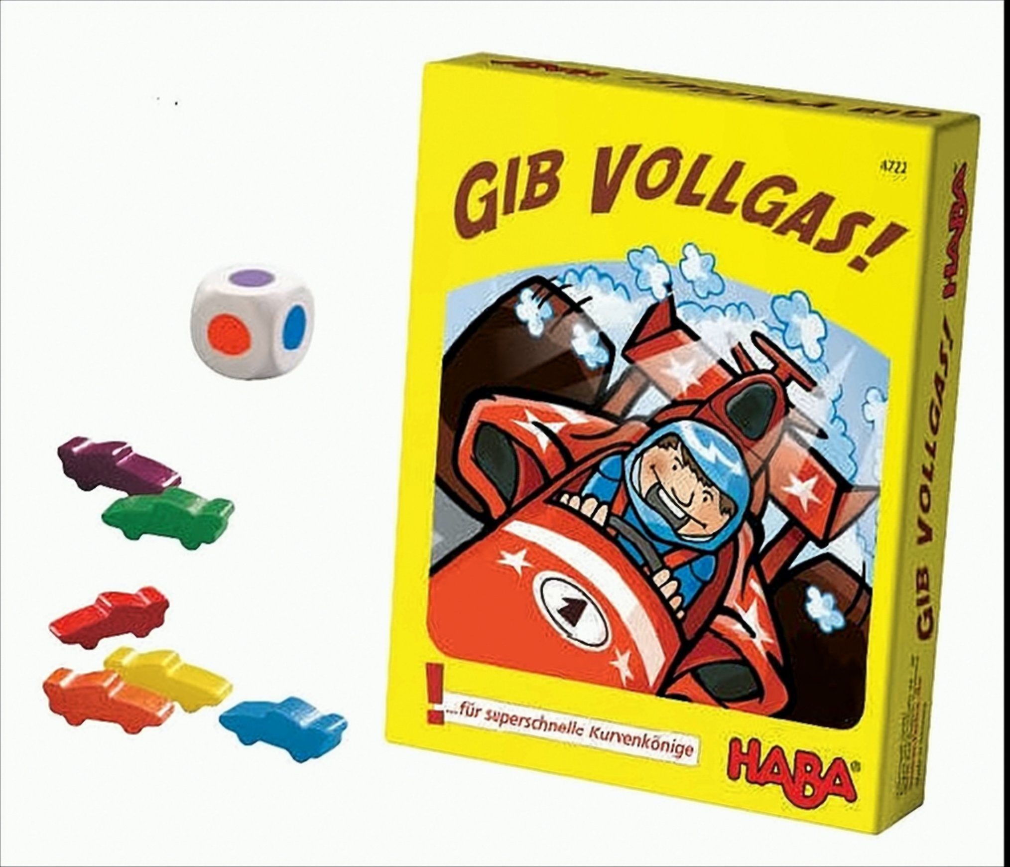 Eine gelbe Haba-Spielschachtel mit Rennauto, ein Würfel und sechs kleine Holzautos in verschiedenen Farben.