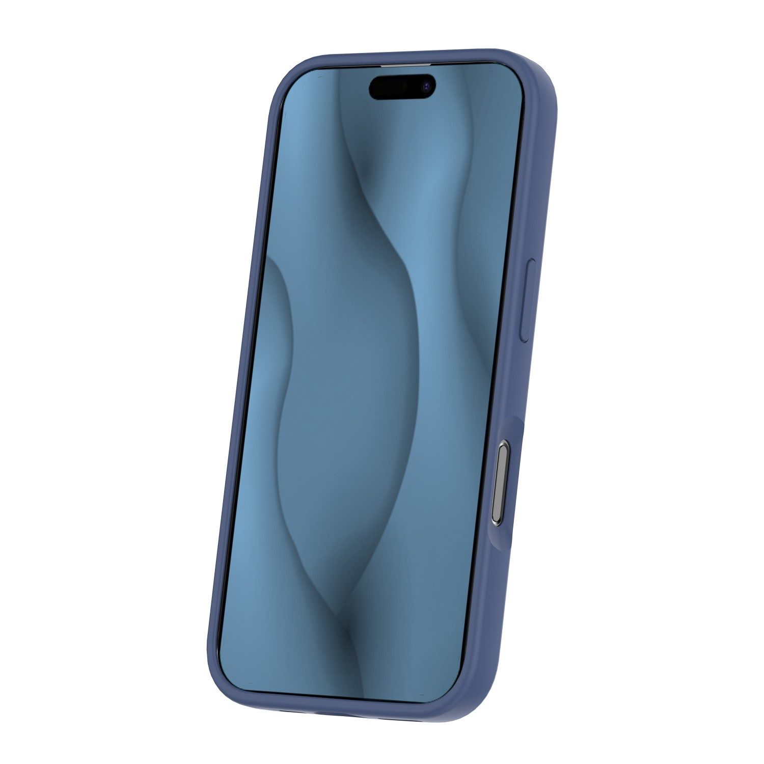 Ein blaues Smartphone in einer Schutzhülle steht leicht angewinkelt vor weißem Hintergrund.