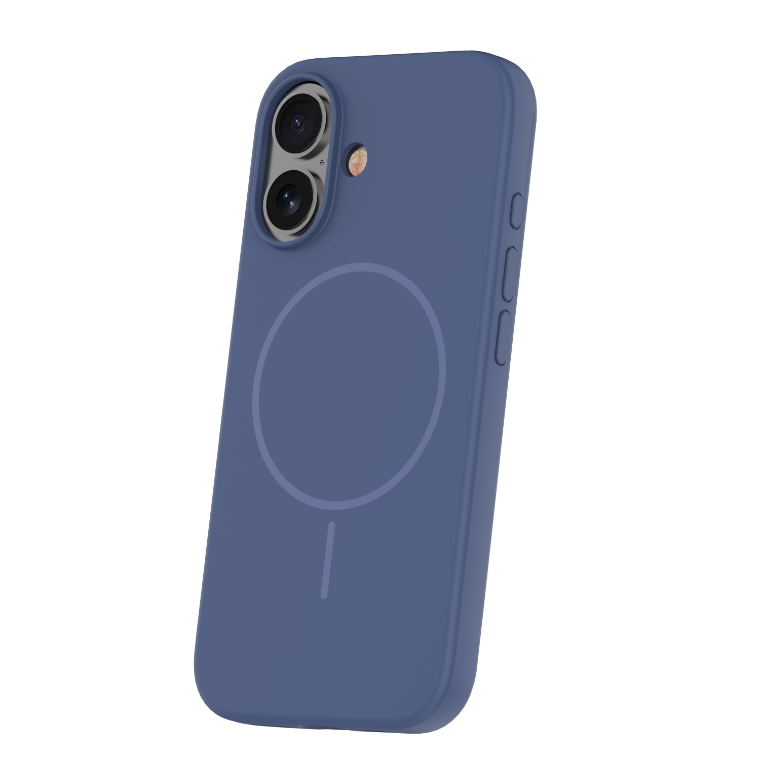 Eine blaue Smartphone-Hülle mit zwei Kameras, Blitz und MagSafe-Ladekreis vor weißem Hintergrund.