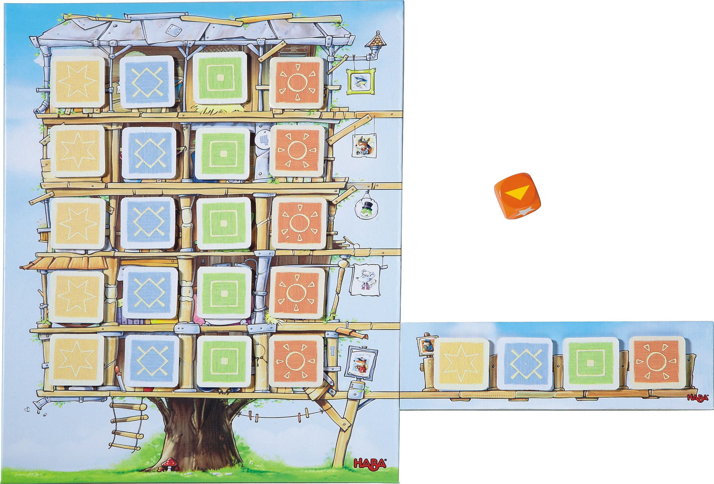 Ein Baumhaus-Spielbrett mit bunten Symbolkacheln und einem orangen Würfel rechts.