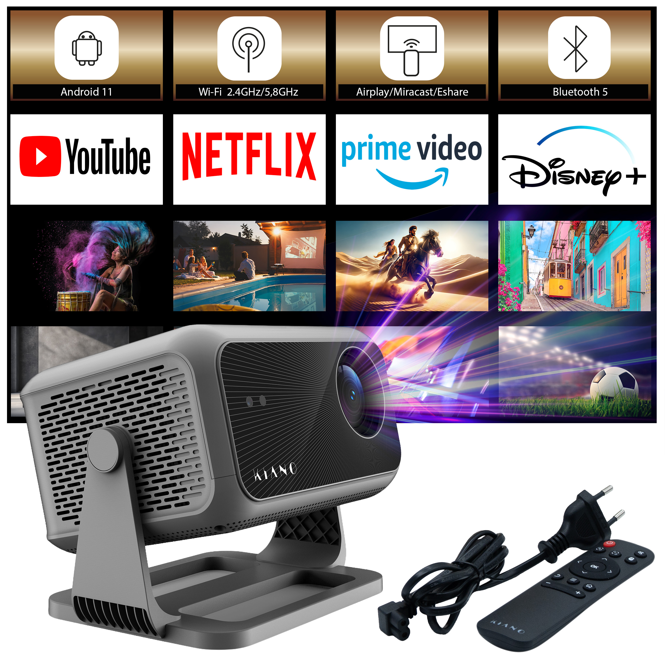 Ein grauer Beamer mit Ständer, Fernbedienung und Netzkabel zeigt Streaming-Apps und Filmszenen.