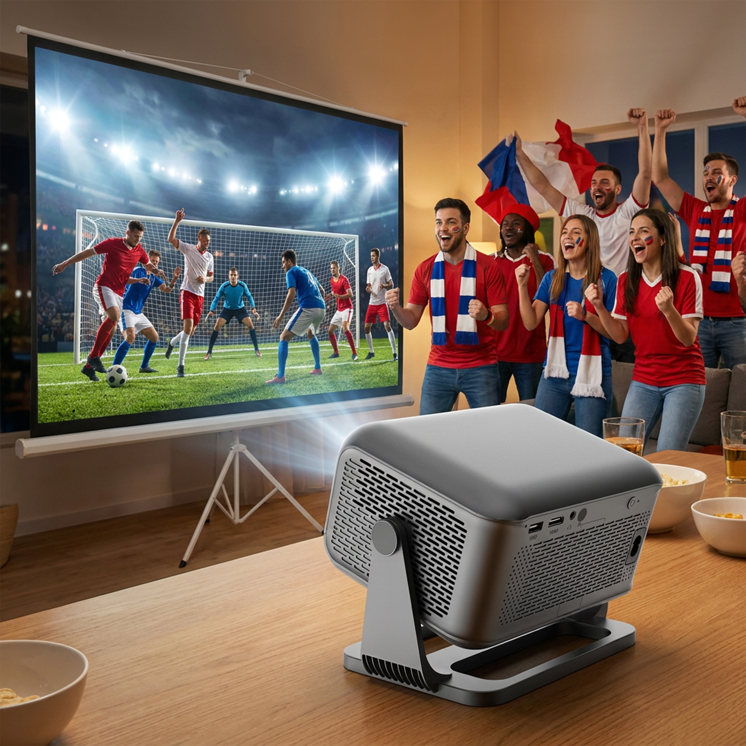 Ein Beamer auf einem Holztisch projiziert ein Fußballspiel auf eine Leinwand für eine jubelnde Gruppe.