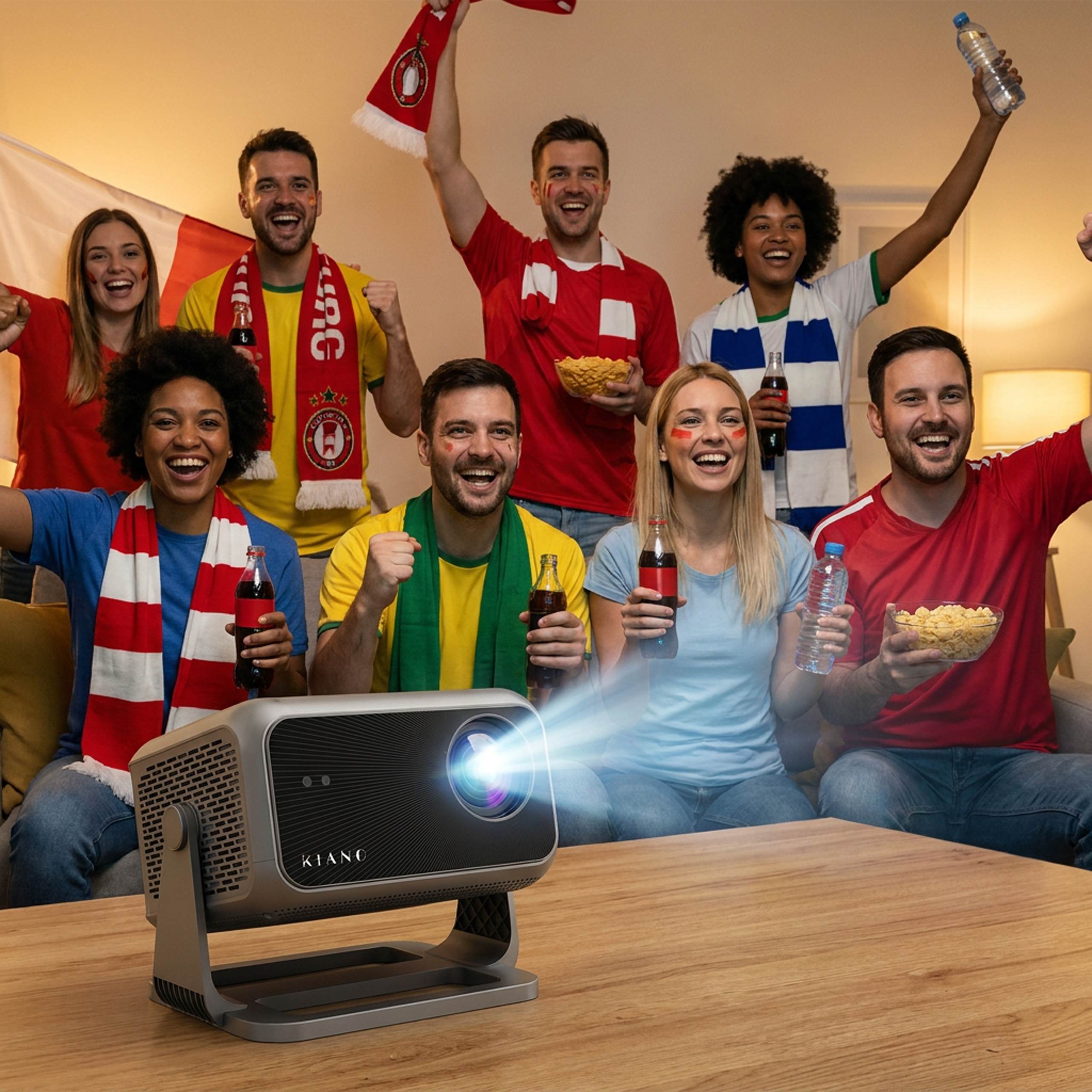 Freundliche Gruppe jubelt im Wohnzimmer, während ein Beamer läuft.
