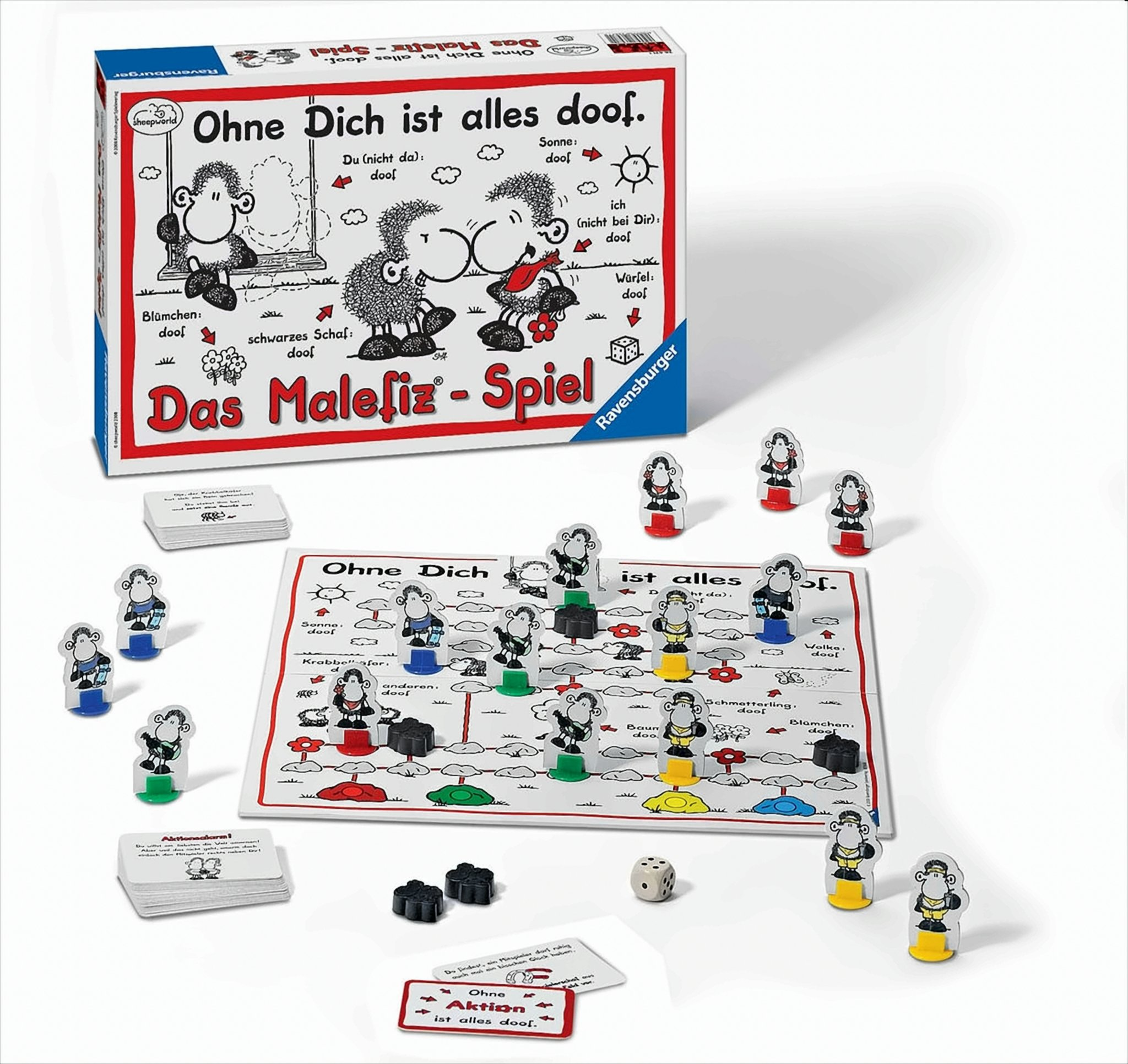 Das Malefiz-Spiel Brettspiel mit Schafen-Motiven, Box, Spielbrett, Karten, Würfel und bunten Figuren.