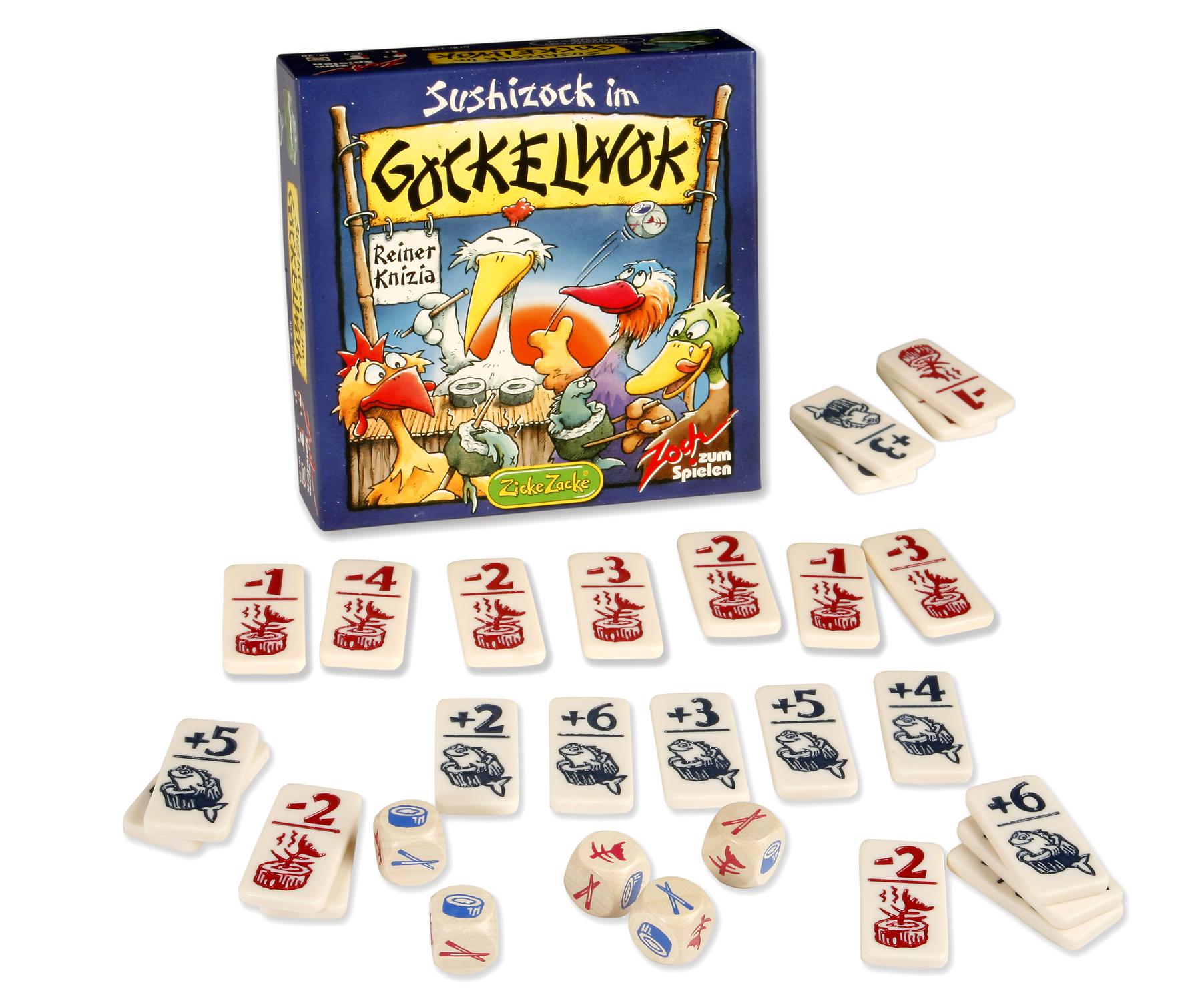 Das Brettspiel Gockelwok mit bunten Holzteilen und Spielsteinen auf weißem Hintergrund.