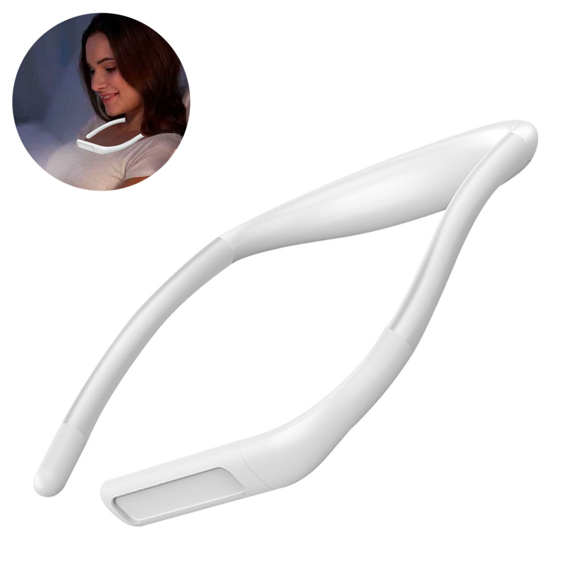 Eine weiße Nackenlampe in U-Form, im Kreisbild trägt eine Frau sie um den Hals.