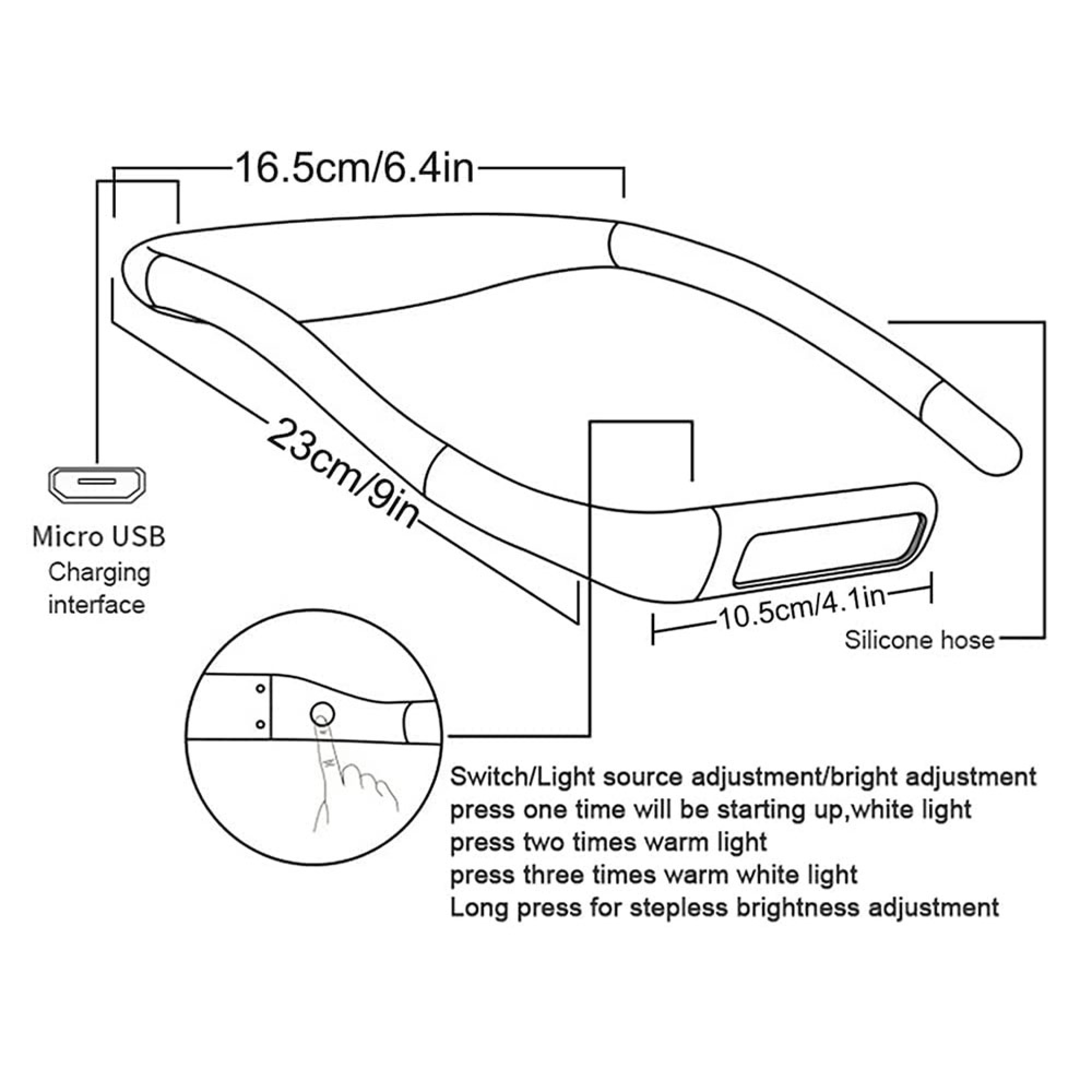 Diagramm einer Nackenleuchte mit Abmessungen, Ladeanschluss und Schalteranweisungen.