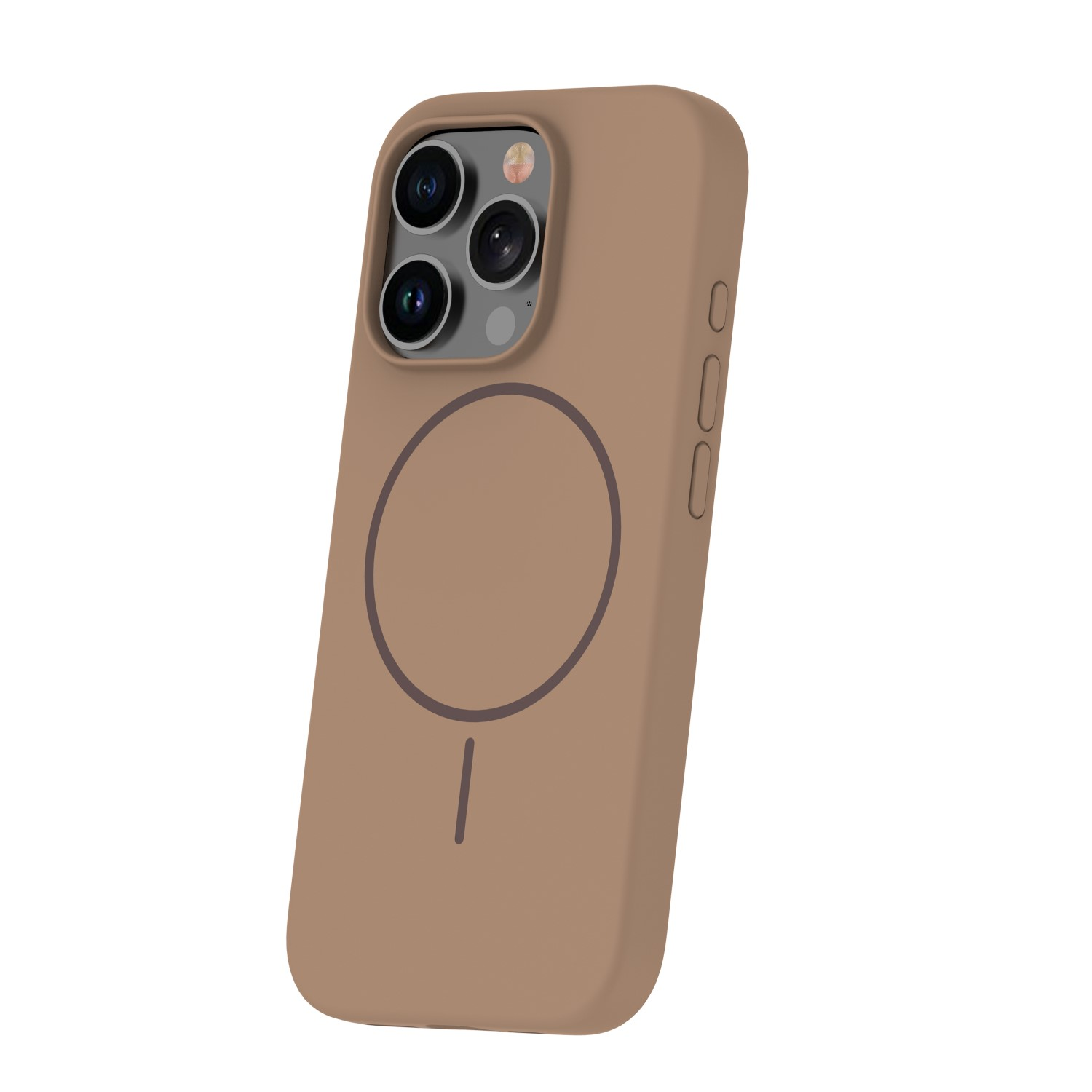 Eine braune Smartphone-Hülle mit kreisförmigem MagSafe-Logo auf der Rückseite.