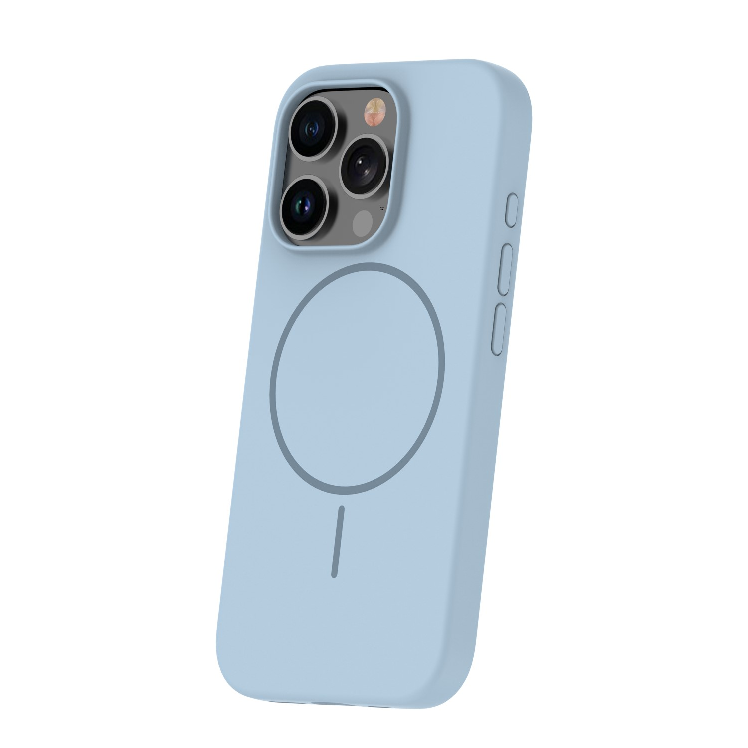 Eine hellblaue Smartphone-Hülle mit MagSafe-Ring auf der Rückseite und Aussparung für drei Kameras auf weißem Grund.