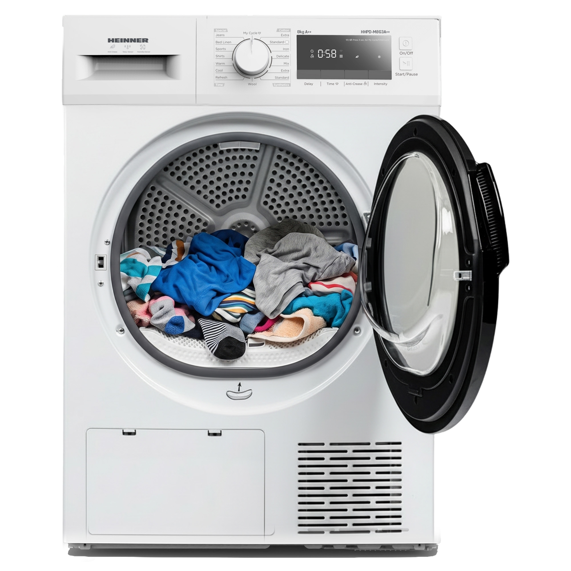 White tumble dryer with open door and colorful laundry in the drum.
