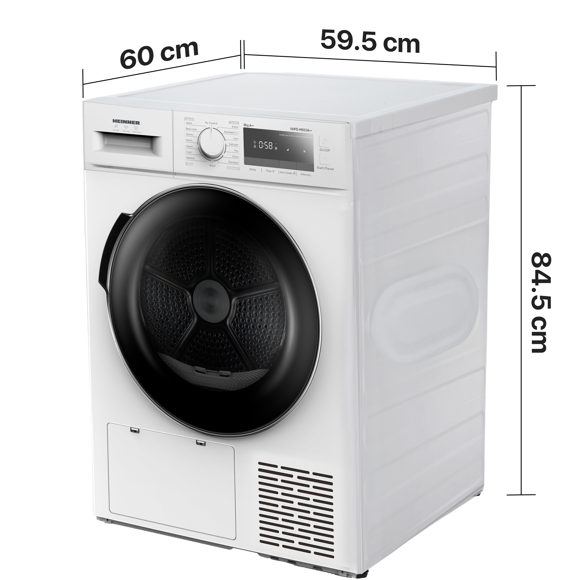 White Heinner tumble dryer with dimensions of 60x59.5x84.5 cm.