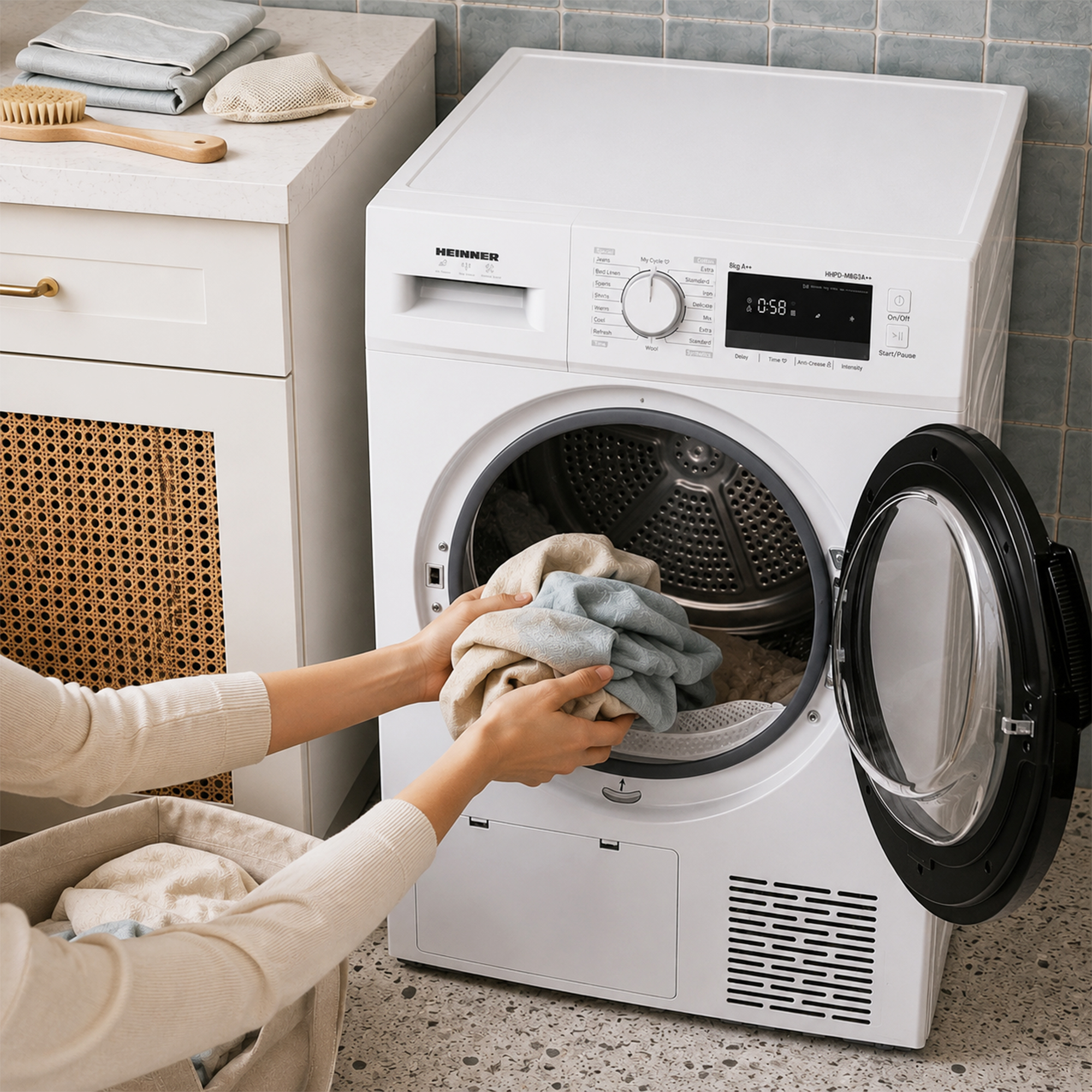 Une personne place du linge plié dans le tambour ouvert d'un sèche-linge blanc.