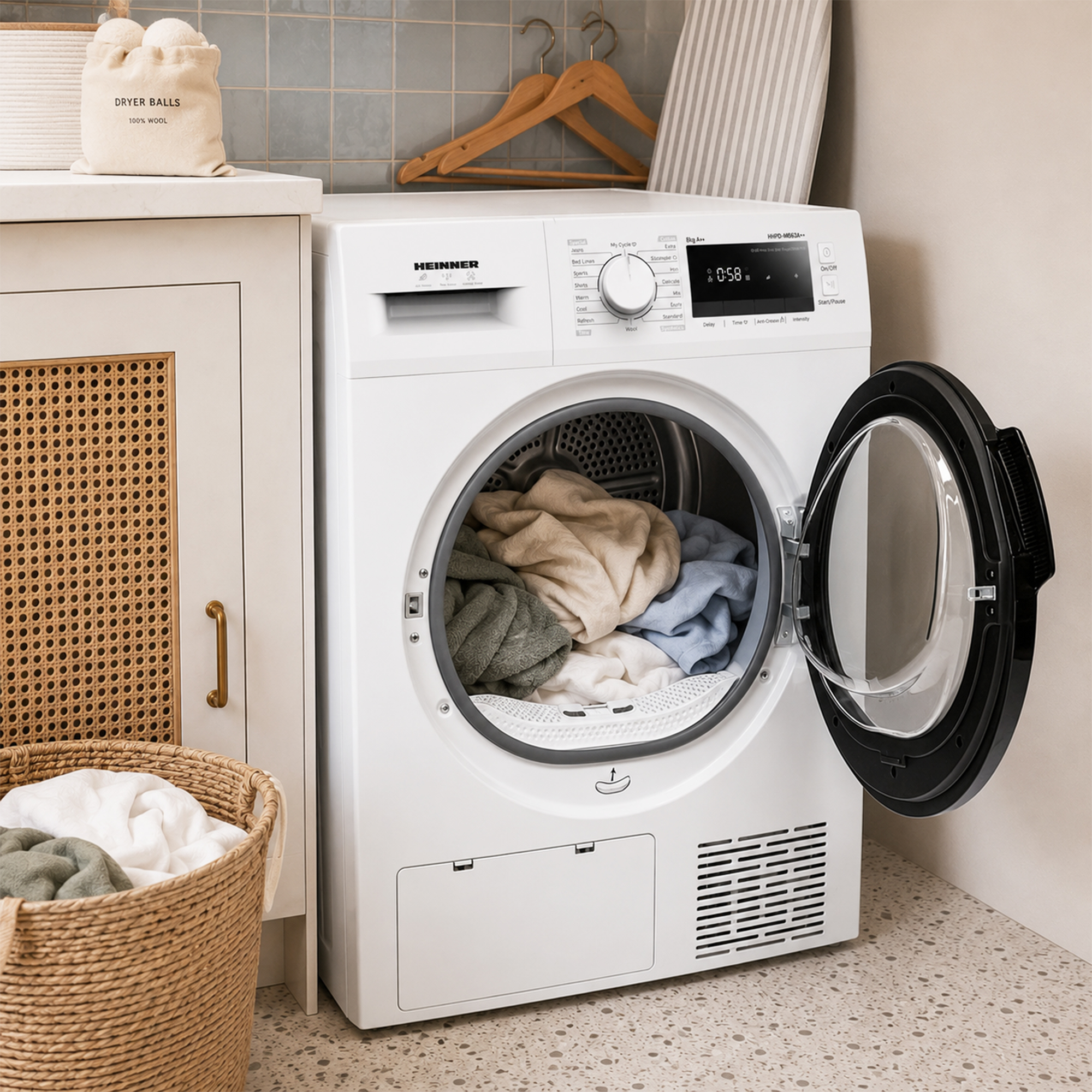 A white tumble dryer with an open door stands in a bright laundry room next to a basket and cabinets.