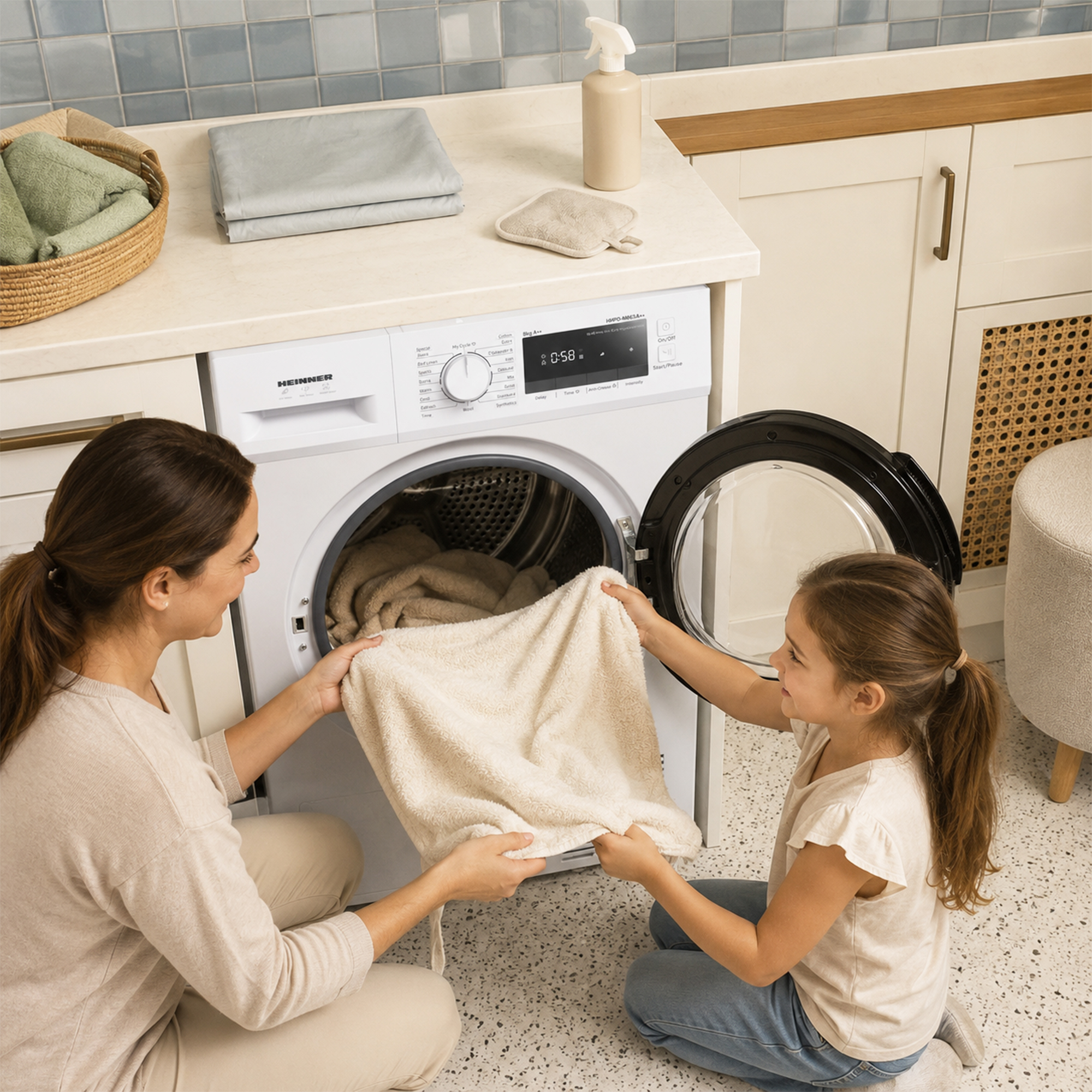 A woman and a young girl take laundry out of a white tumble dryer in a bright kitchen.