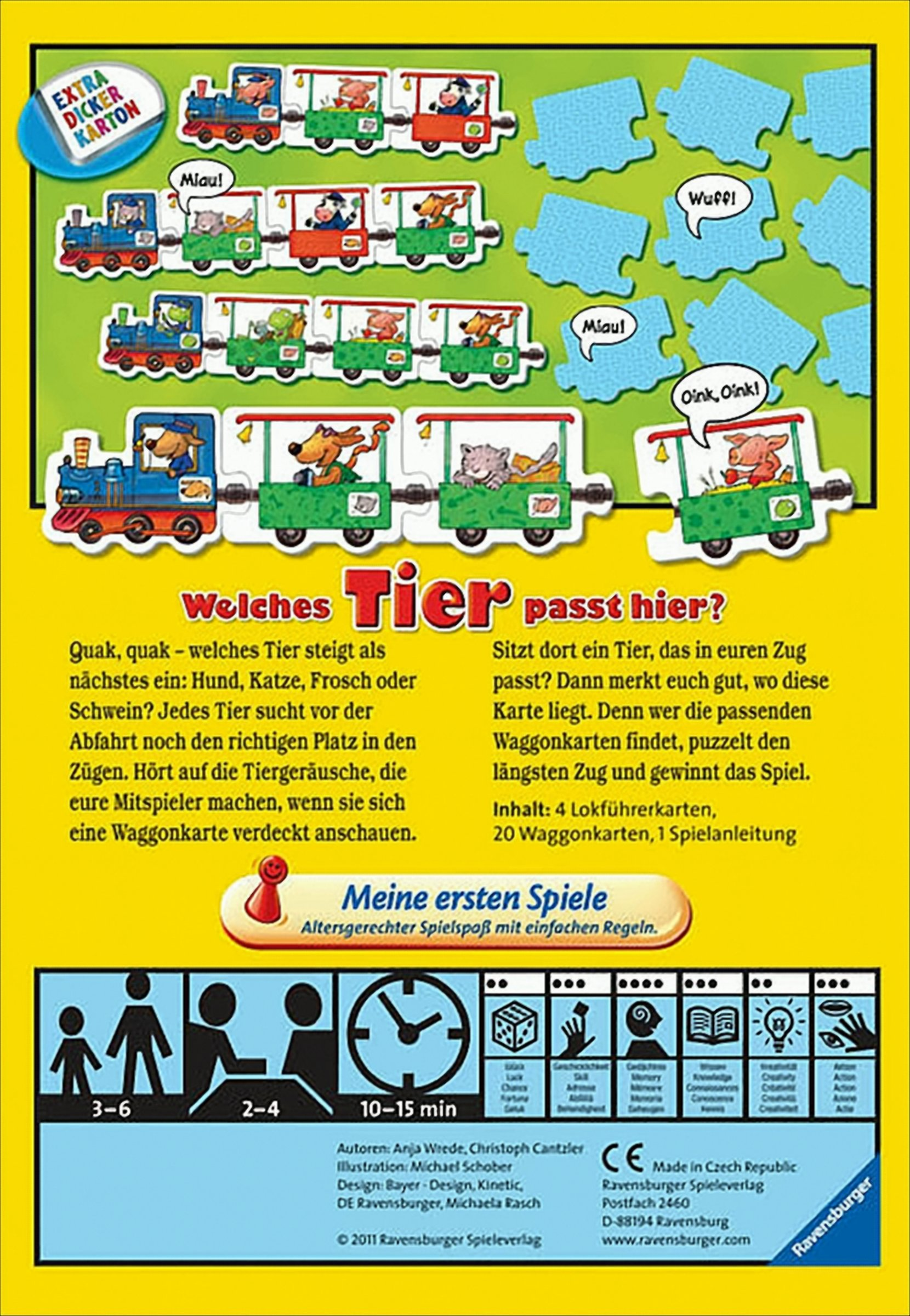 Rückseite einer Brettspielverpackung mit Tierzugmotiven, Text und Spielregeln auf gelbem Hintergrund.