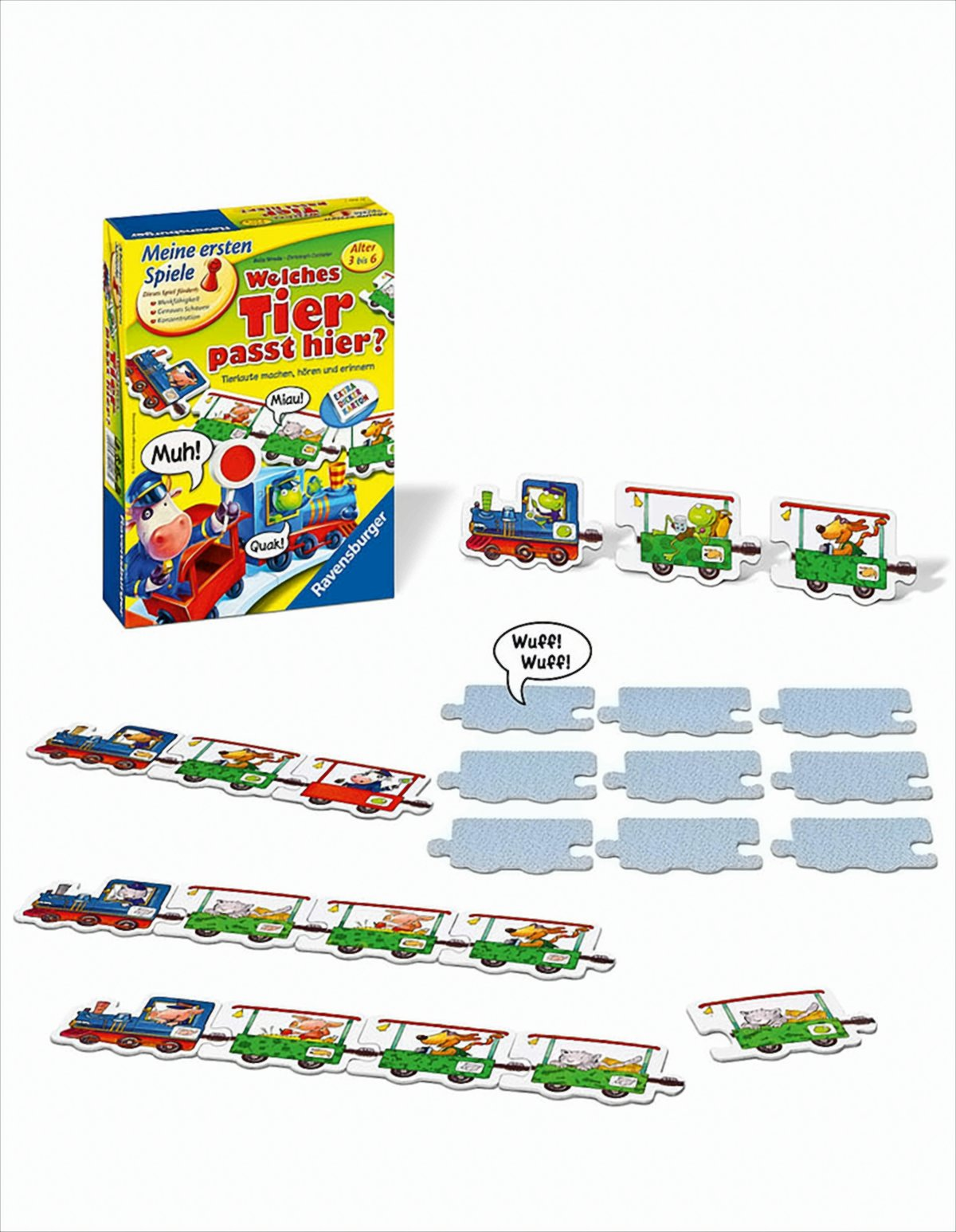 Ravensburger Kinderspiel "Welches Tier passt hier?" mit bunten Tierpuzzles, Zugkarten und einer Spielbox auf weißem Grund.