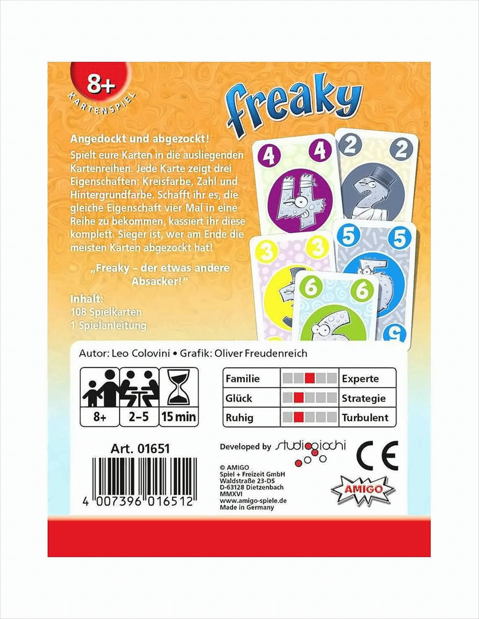 Rückseite der Freaky Kartenspiel-Verpackung mit Spielregeln, bunten Karten und Spielerinfos.
