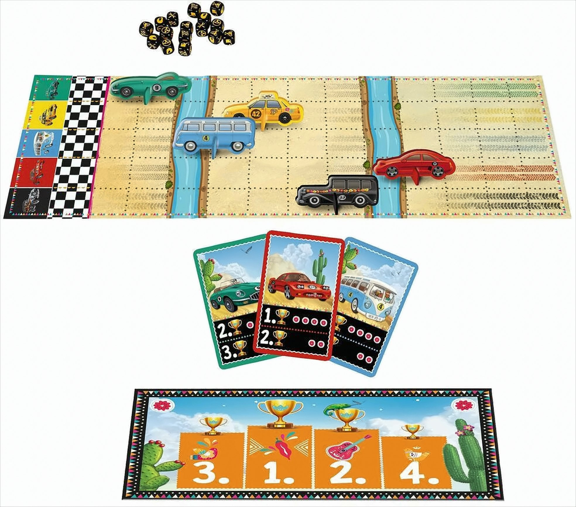 Brettspiel mit Rennstrecke, bunten Holautos, Würfeln, Siegkarten und einem Podest mit Trophäen.