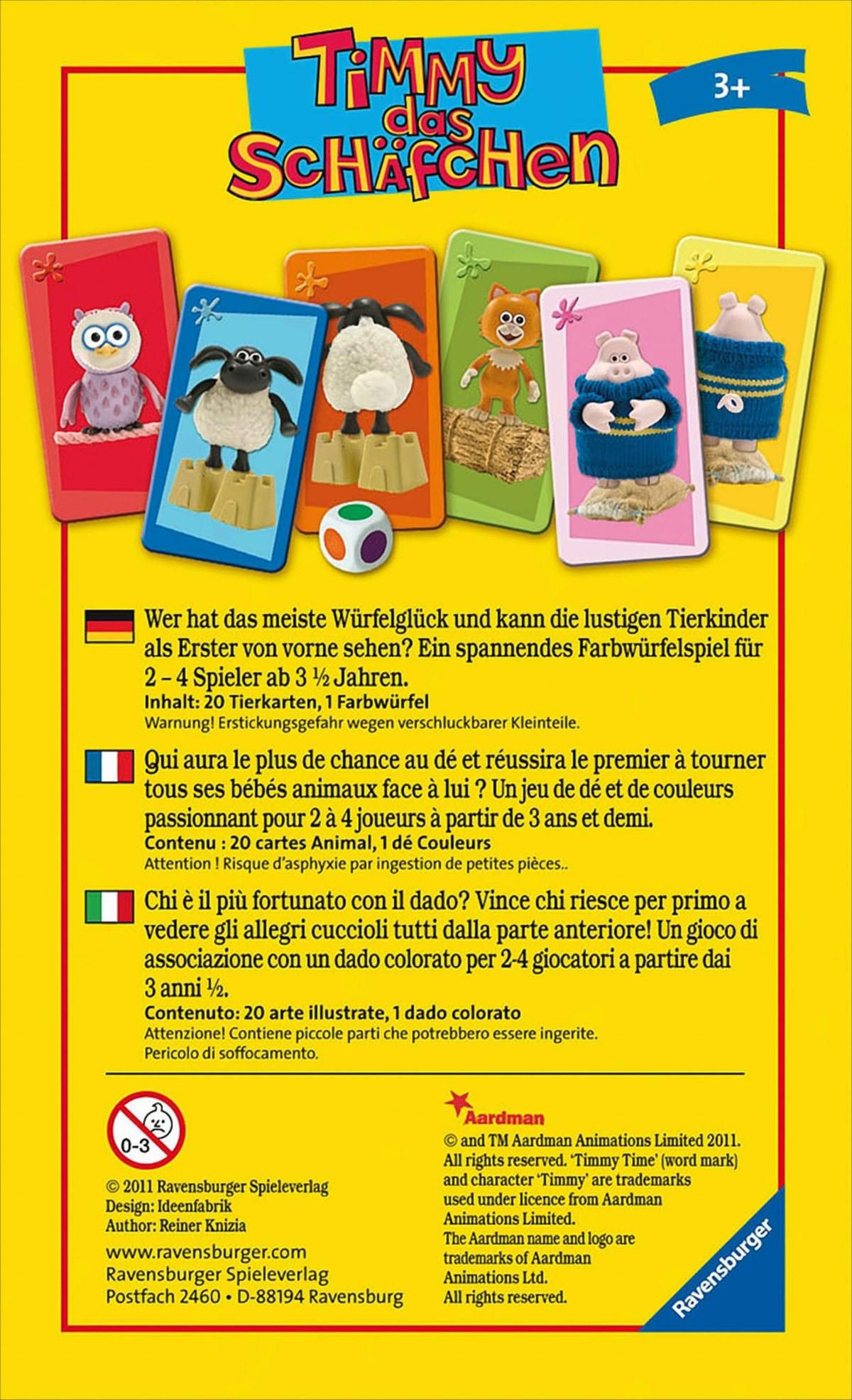 Spielverpackung von Timmy das Schäfchen mit bunten Tierkarten, einem Würfel und Texten in drei Sprachen.