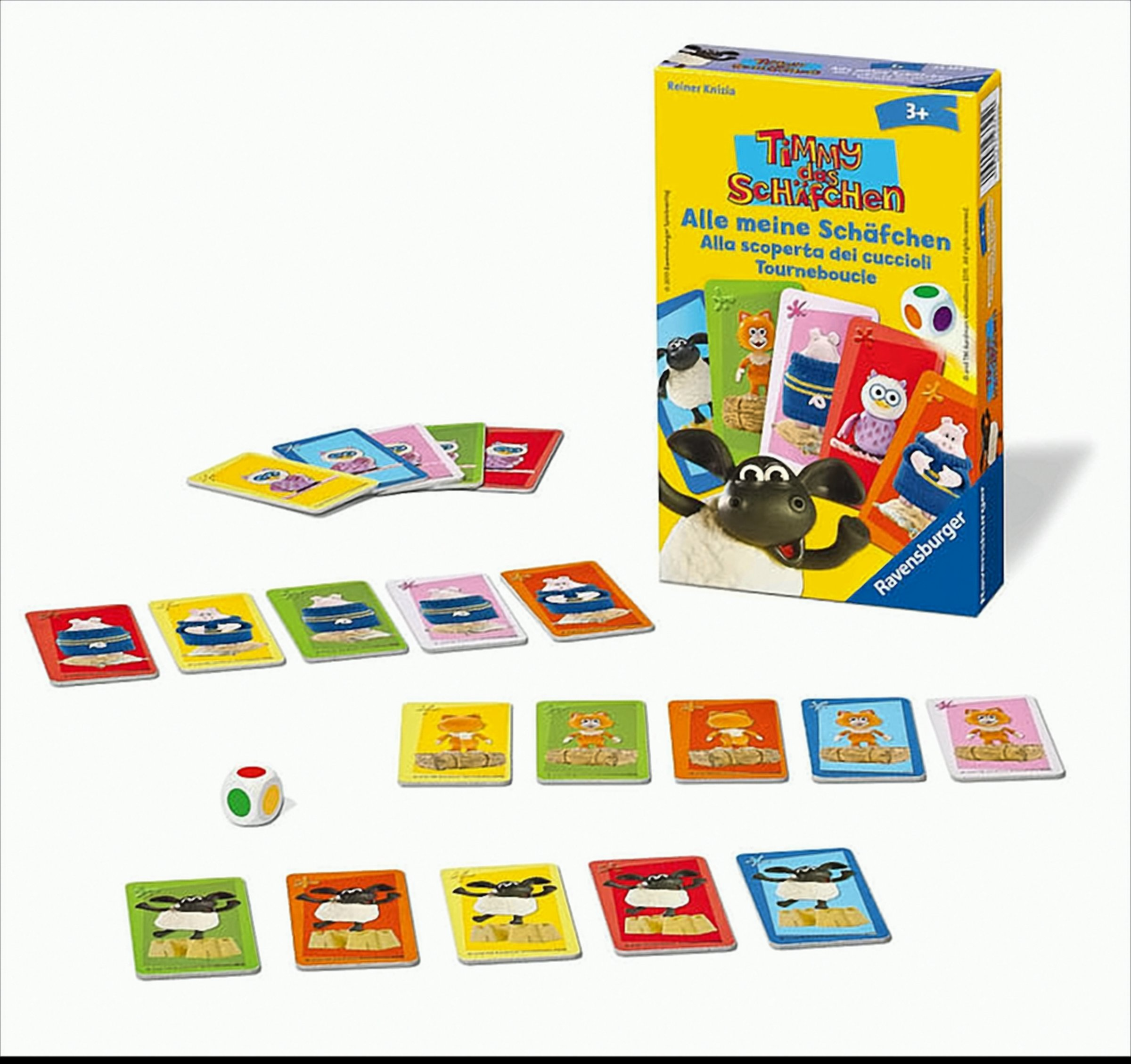 Ravensburger Timmy das Schäfchen Kinderspiel mit bunten Karten und einem Würfel.