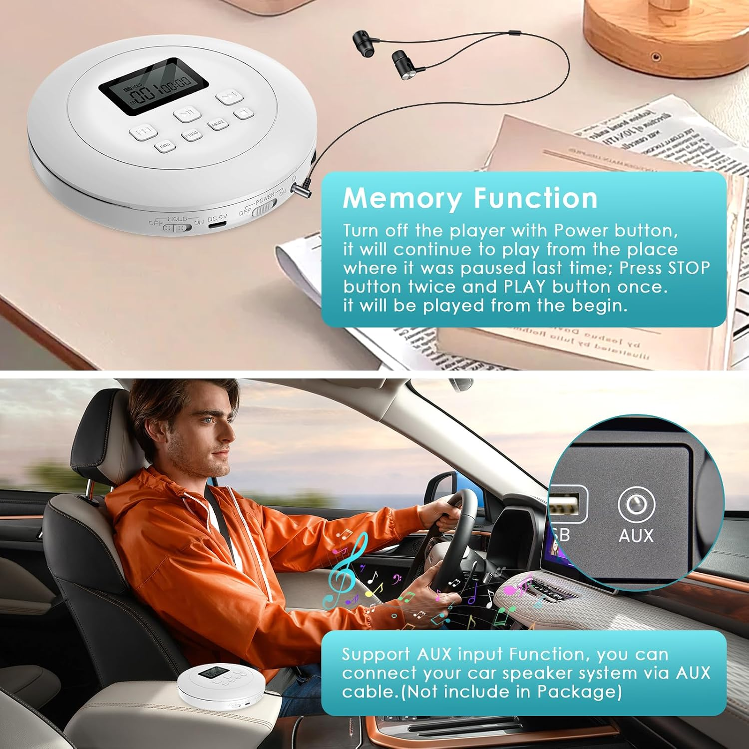 Weißer tragbarer CD-Player mit Kopfhörern und Memory-Funktion, unten Nutzung im Auto mit AUX-Kabel.