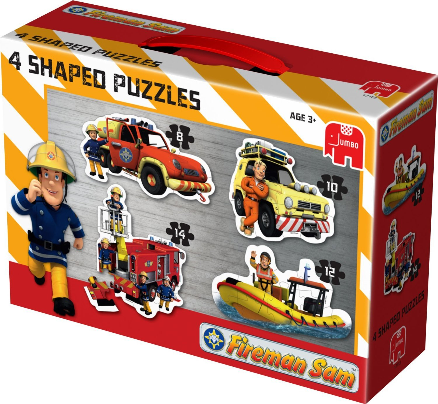 Eine Feuerwehr Sam 4 geformte Puzzles Schachtel zeigt Charakter- und Fahrzeug-Puzzle-Designs.