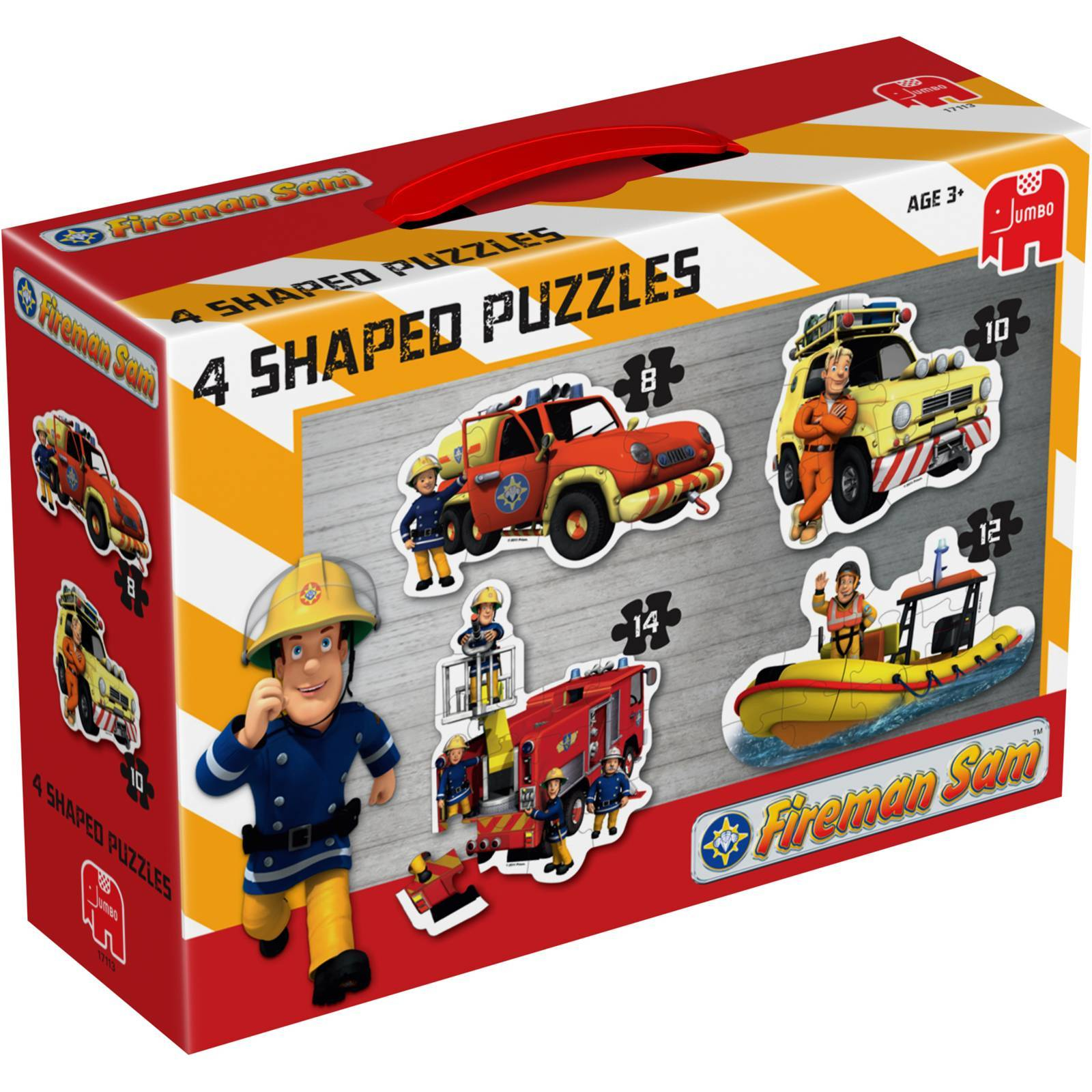 Feuerwehrmann Sam Puzzle-Set Box mit vier geformten Puzzles und Charakterbildern.