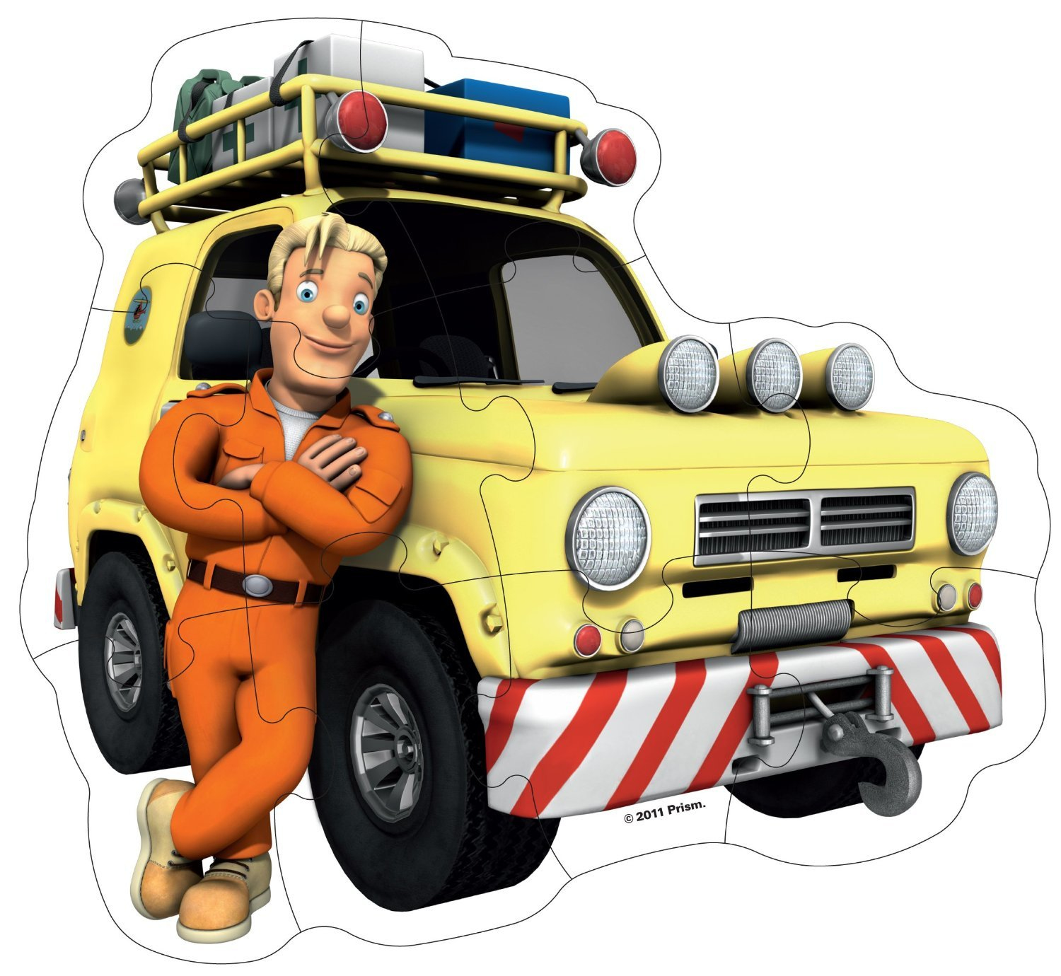 Ein lächelnder blonder Mann im orangefarbenen Anzug lehnt an einem gelben Geländewagen.
