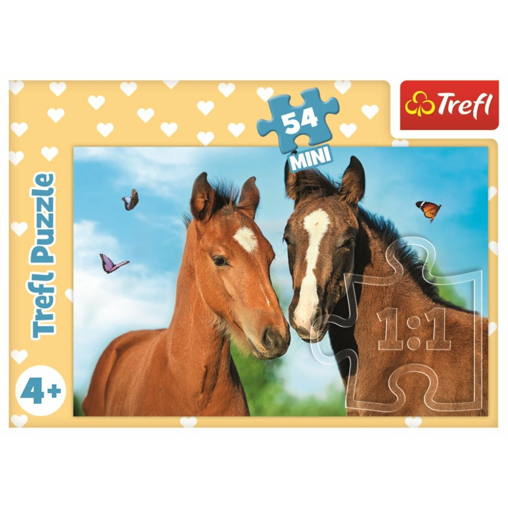Trefl Mini-Puzzle-Schachtel mit zwei süßen Fohlen und Schmetterlingen vor blauem Himmel, ab vier Jahren.