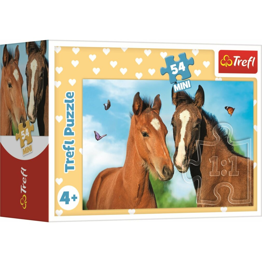Trefl Mini Puzzle Box mit zwei jungen Pferden und Schmetterlingen vor blauem Himmel.