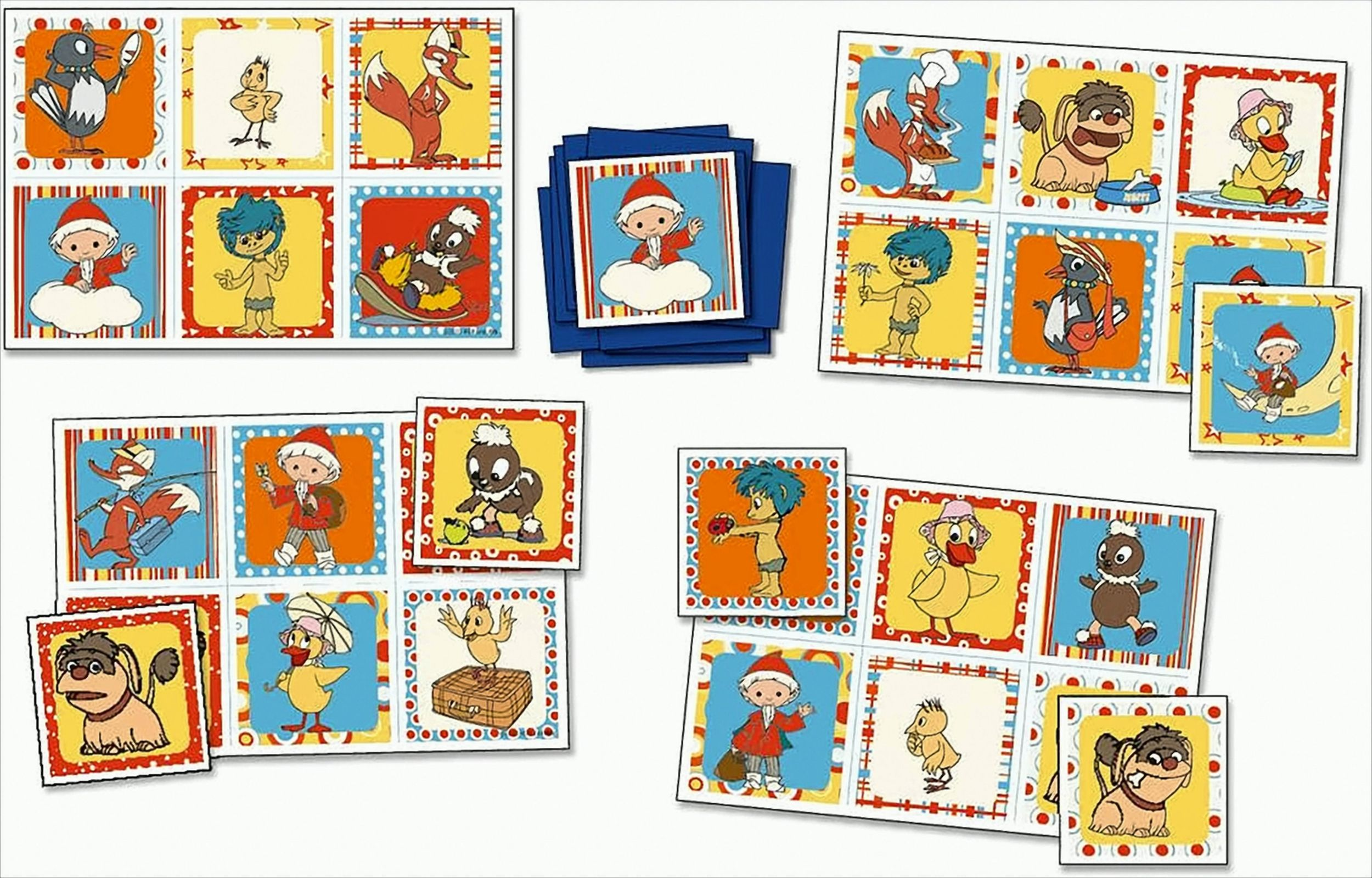 Buntes Brettspiel mit Karten zeigt Zeichentrickfiguren wie Fuchs, Ente und Elfe.