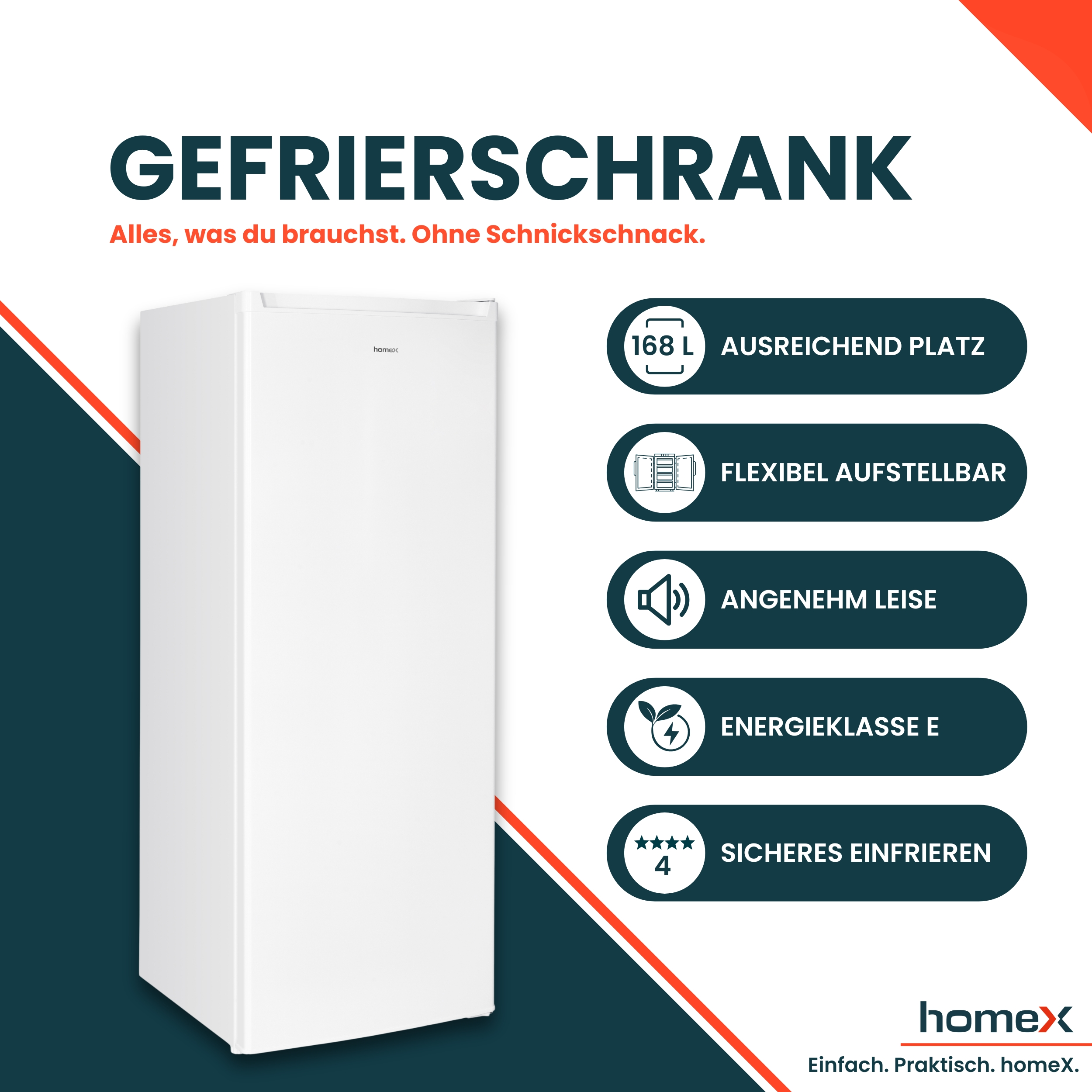 Ein weißer Gefrierschrank mit Text und Feature-Symbolen auf weiß-blauem Hintergrund.