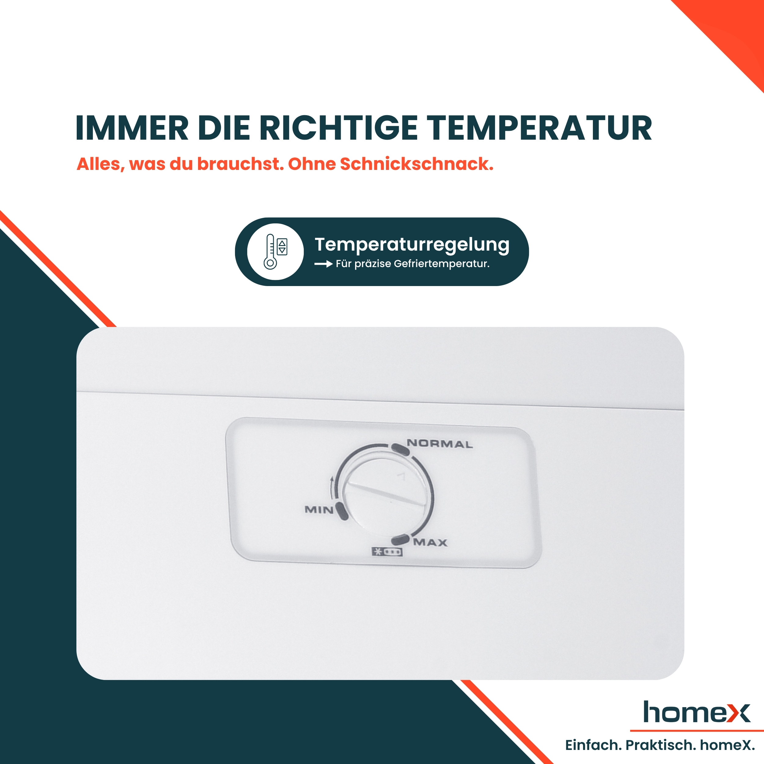 Nahaufnahme eines weißen Temperaturreglers mit den Stufen MIN, NORMAL und MAX sowie deutschem Werbetext.
