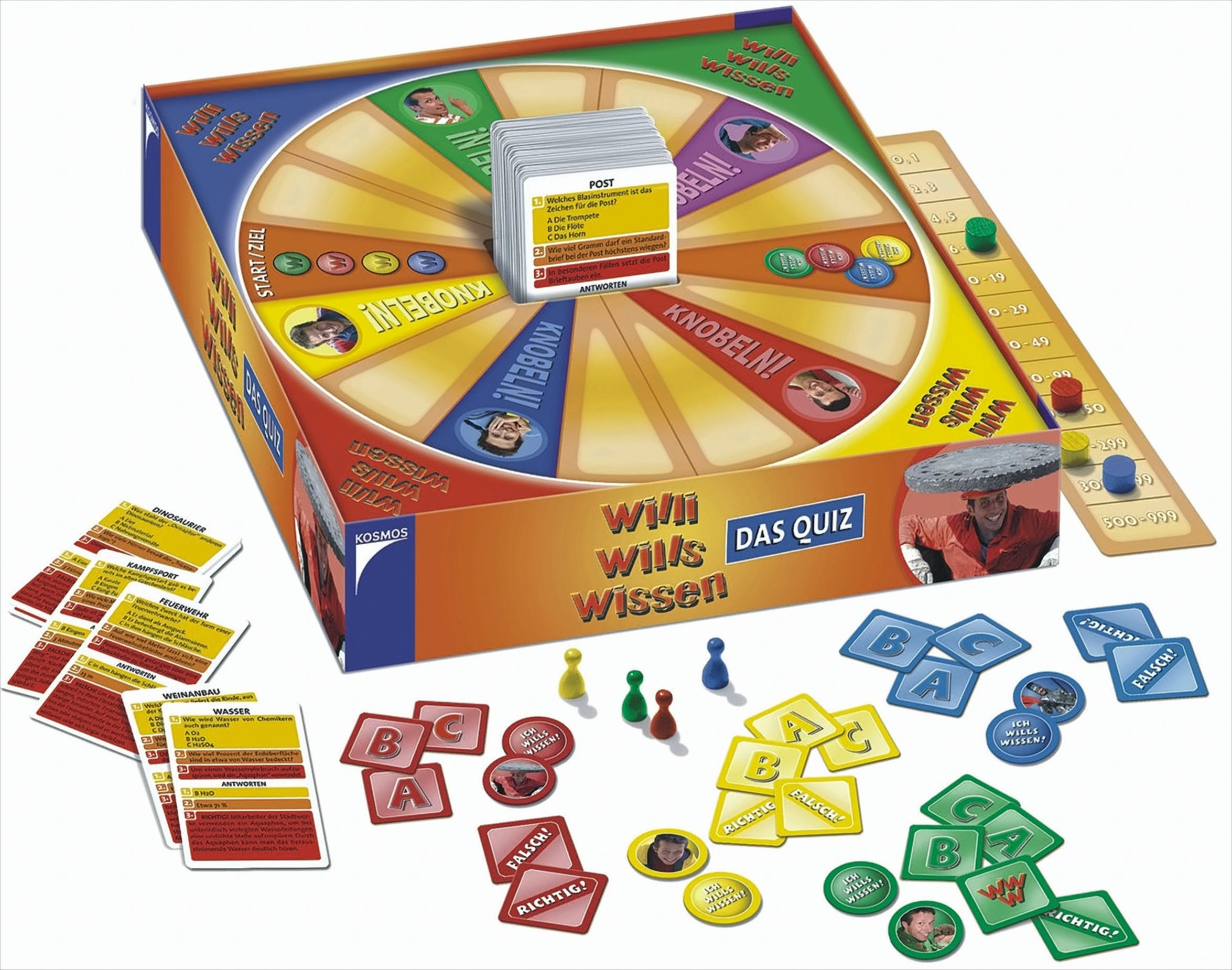 Willi wills wissen Brettspiel mit farbigem Rad, Karten, Spielfiguren und Fragekarten auf einem Tisch.