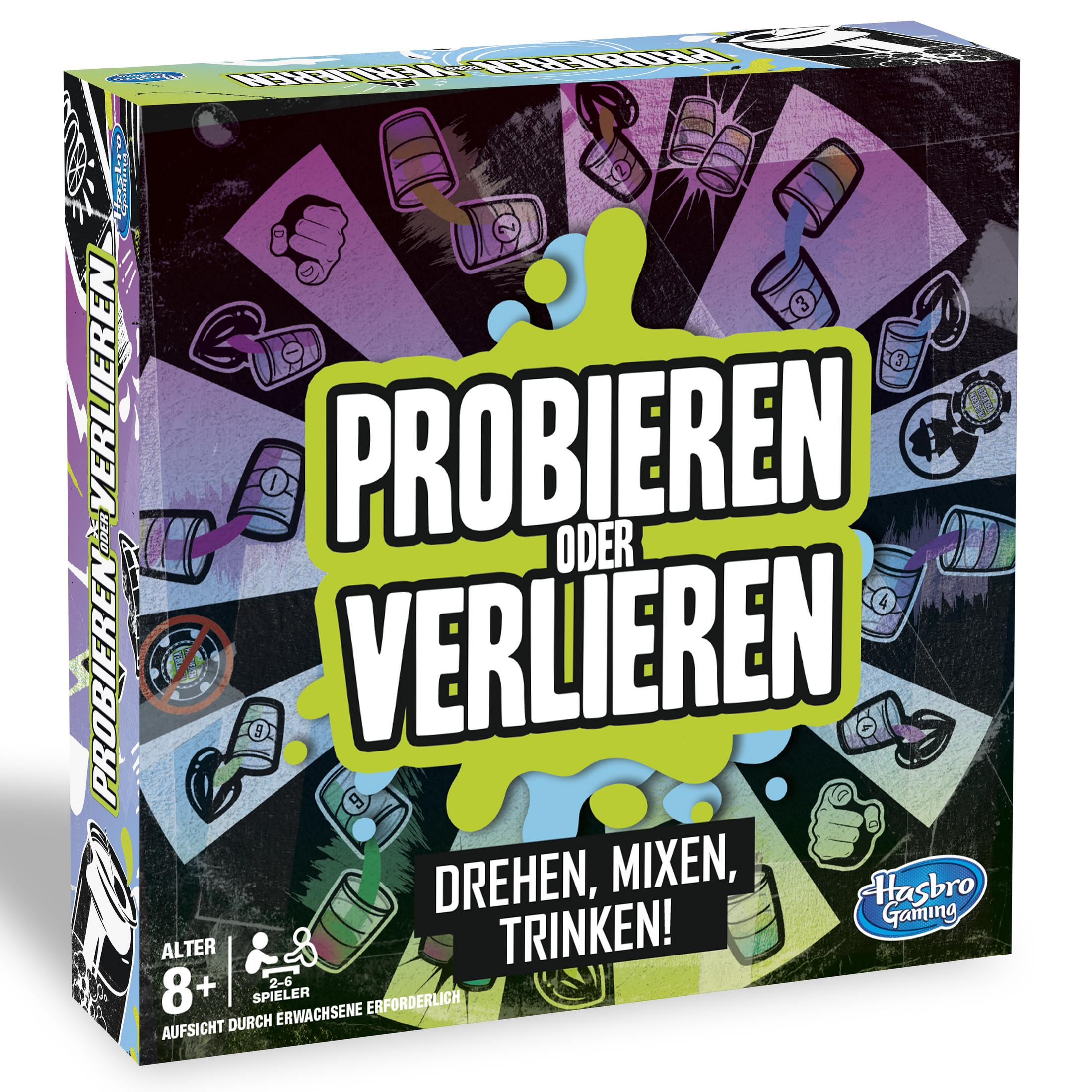 Bunte Hasbro-Brettspielverpackung 'Probieren oder Verlieren' mit Slogans und Grafiken von Bechern.